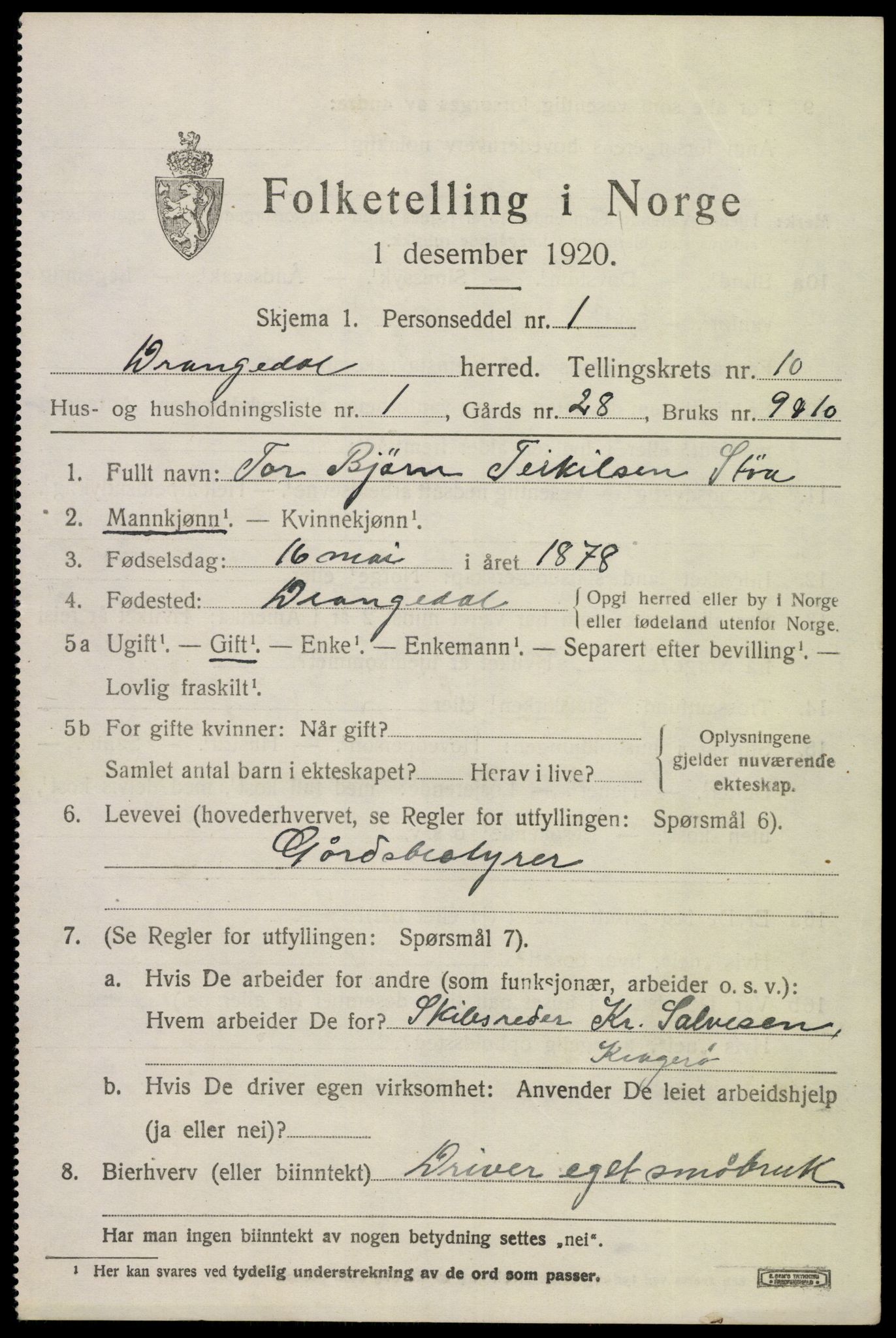 SAKO, 1920 census for Drangedal, 1920, p. 6141