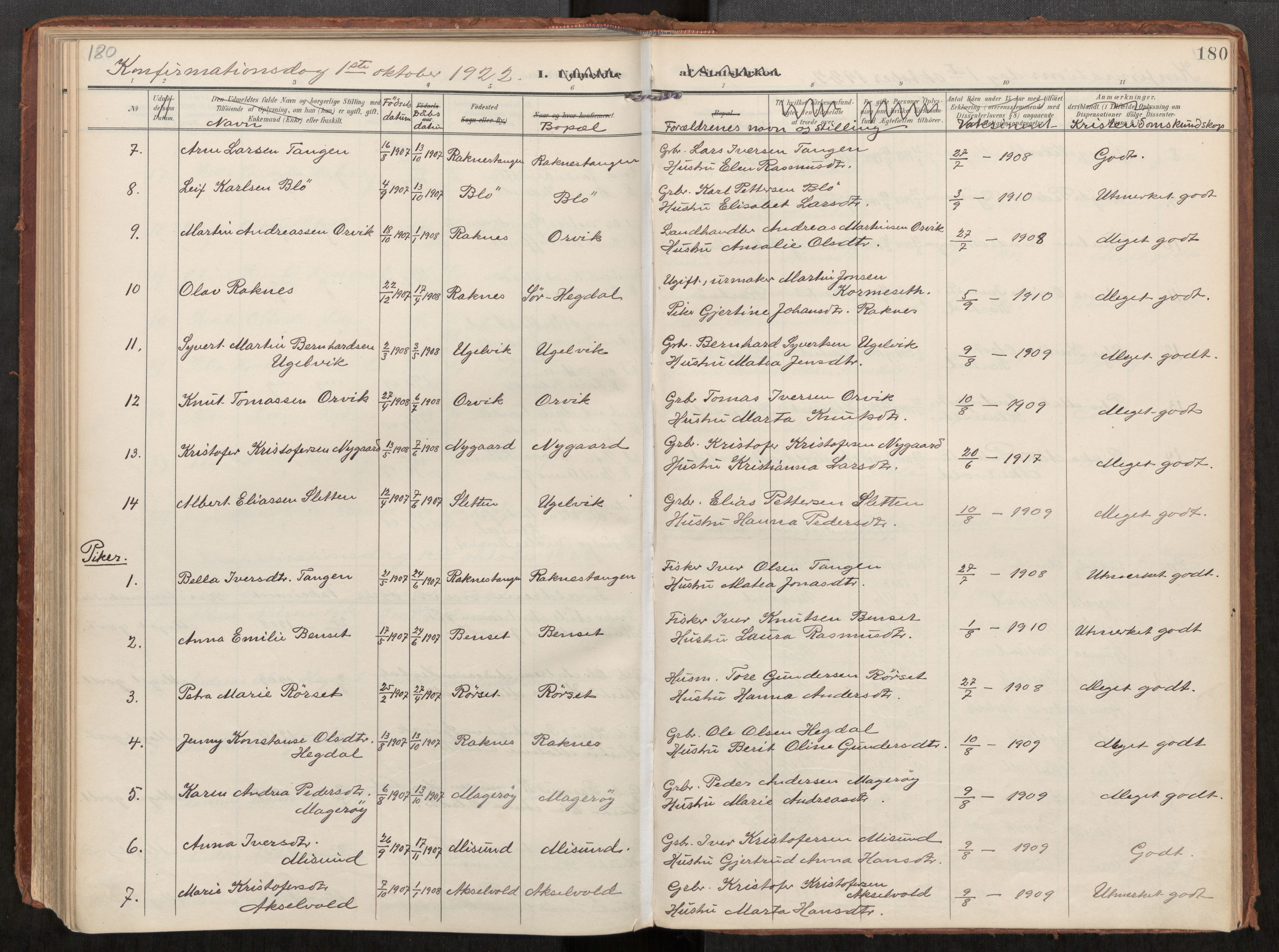 Ministerialprotokoller, klokkerbøker og fødselsregistre - Møre og Romsdal, AV/SAT-A-1454/563/L0740: Parish register (official) no. 563A02, 1903-1923, p. 180