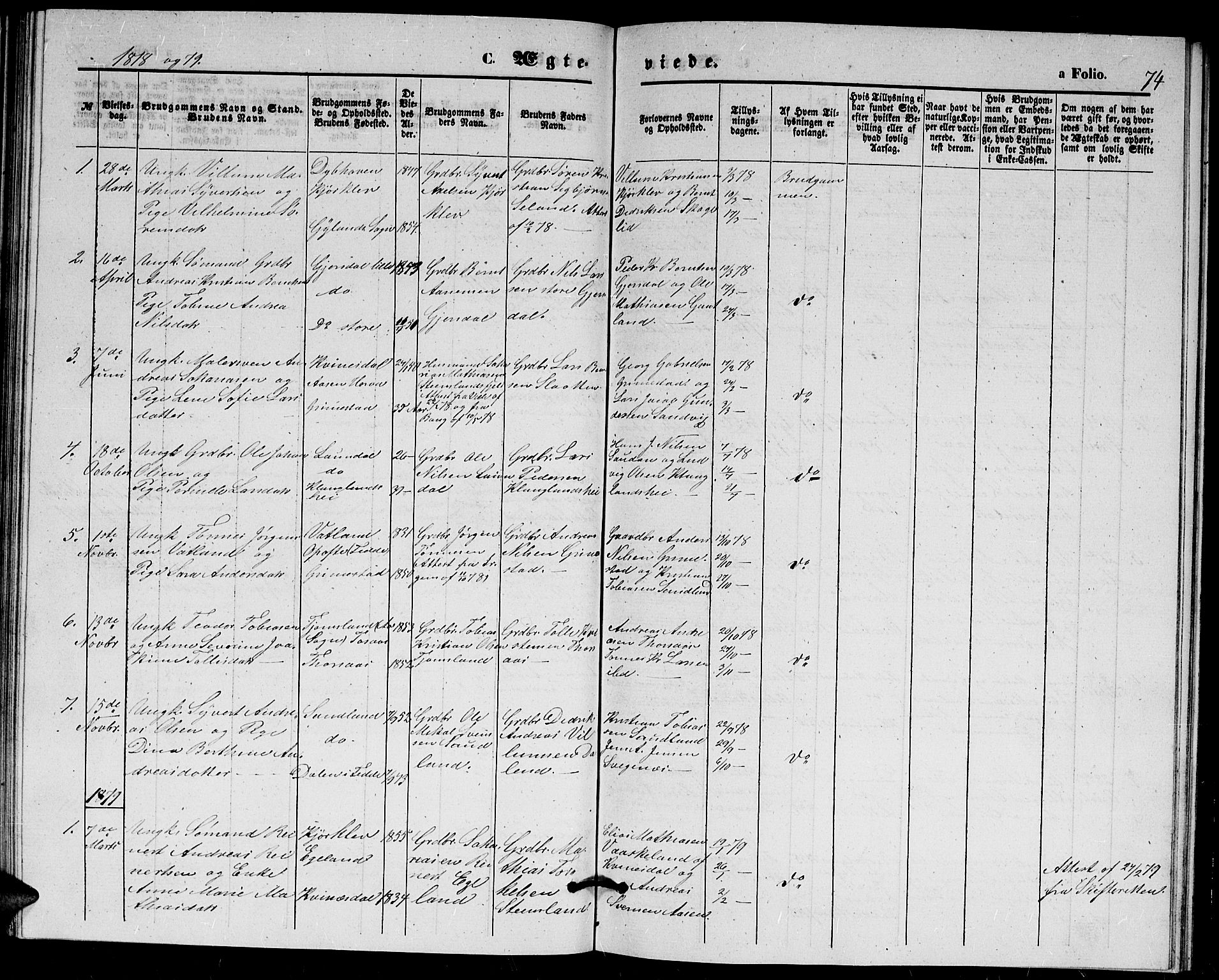 Herad sokneprestkontor, AV/SAK-1111-0018/F/Fb/Fba/L0003: Parish register (copy) no. B 3, 1863-1883, p. 74