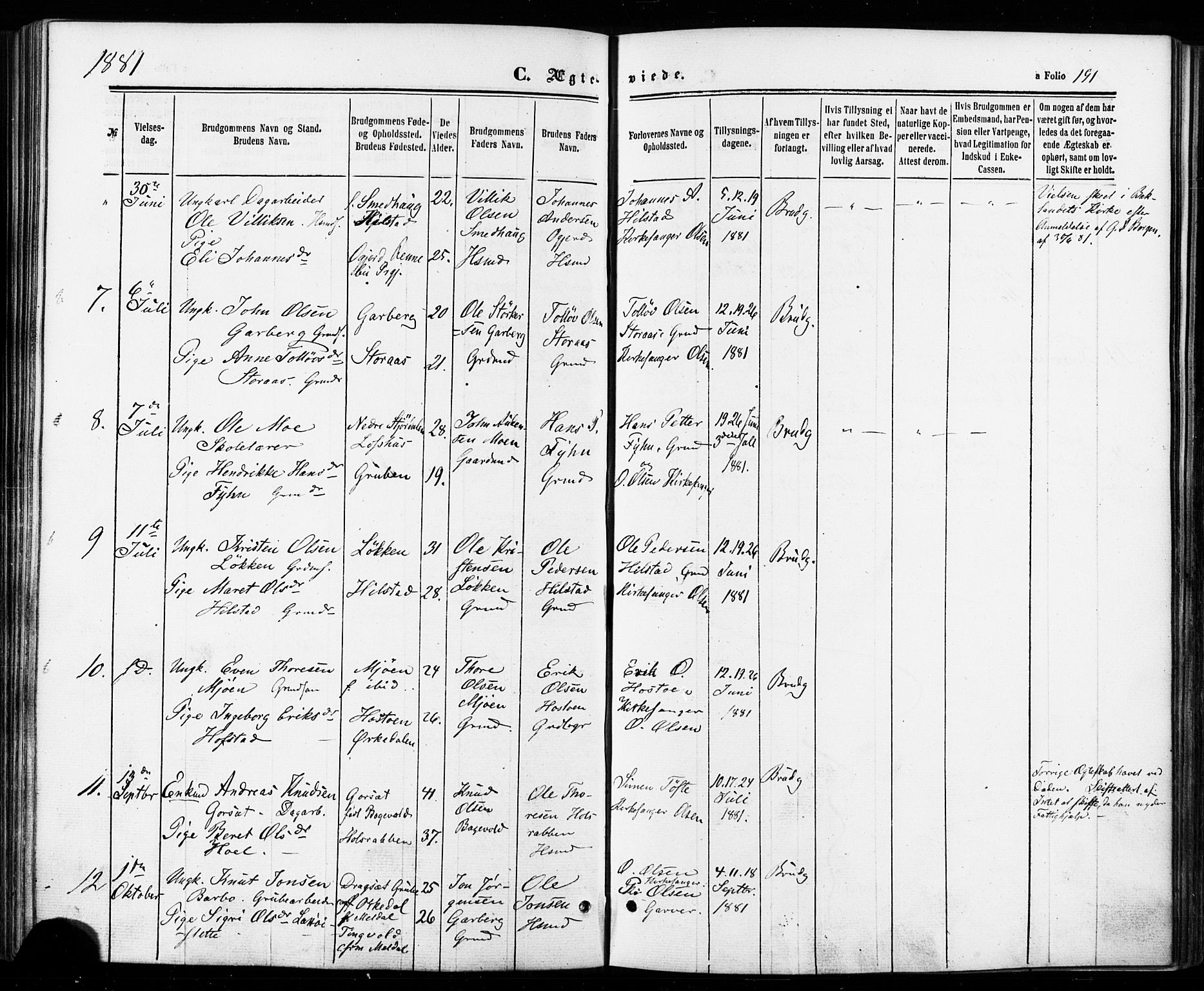 Ministerialprotokoller, klokkerbøker og fødselsregistre - Sør-Trøndelag, AV/SAT-A-1456/672/L0856: Parish register (official) no. 672A08, 1861-1881, p. 191