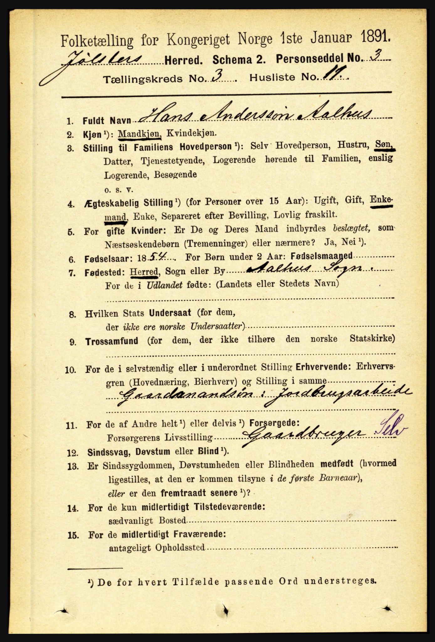 RA, 1891 census for 1431 Jølster, 1891, p. 1046