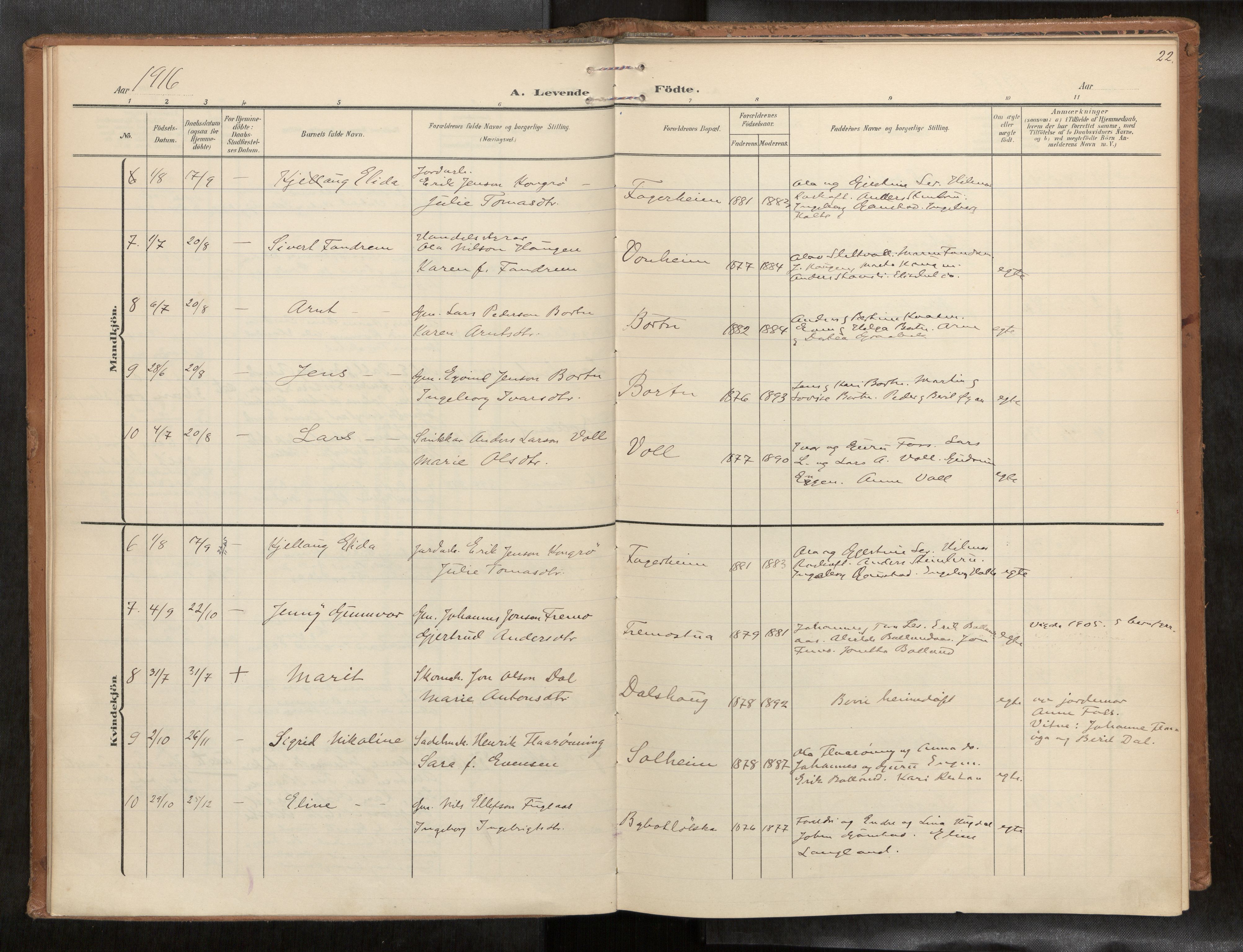 Ministerialprotokoller, klokkerbøker og fødselsregistre - Sør-Trøndelag, SAT/A-1456/693/L1119b: Parish register (official) no. 693A02, 1906-1936, p. 22