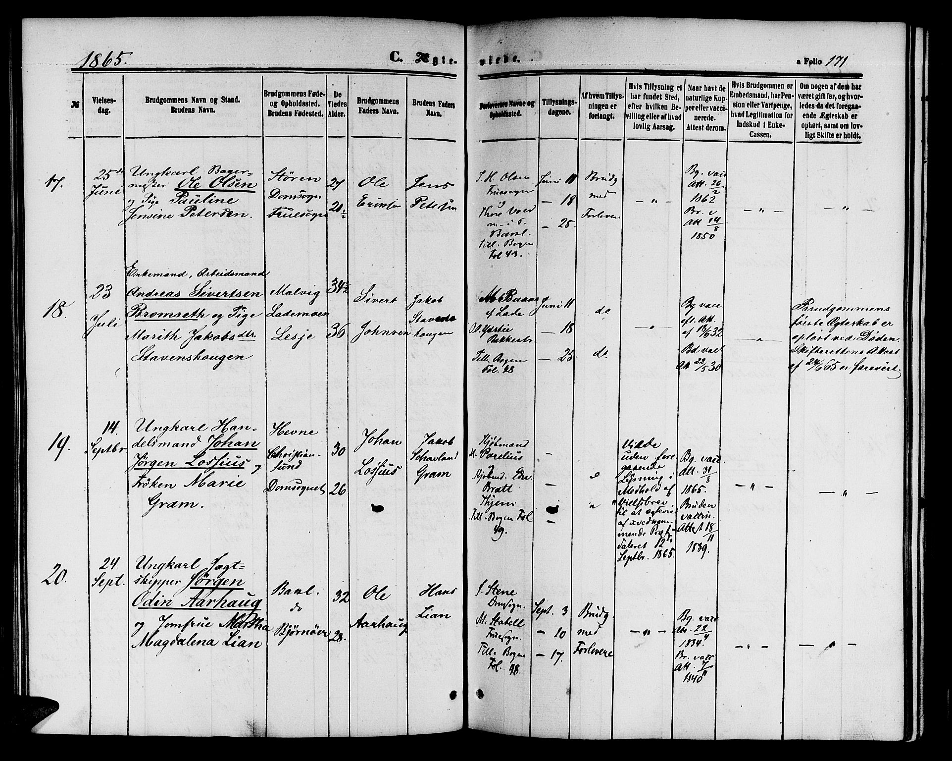 Ministerialprotokoller, klokkerbøker og fødselsregistre - Sør-Trøndelag, SAT/A-1456/604/L0185: Parish register (official) no. 604A06, 1861-1865, p. 171