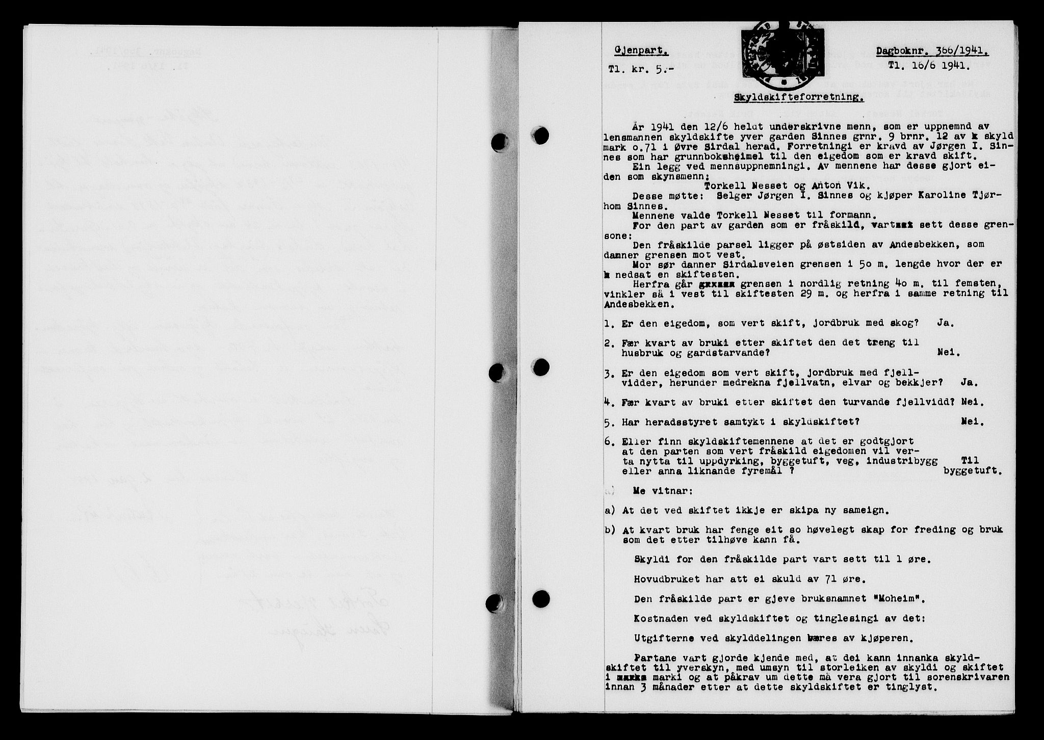 Flekkefjord sorenskriveri, SAK/1221-0001/G/Gb/Gba/L0057: Mortgage book no. A-5, 1941-1942, Diary no: : 366/1941