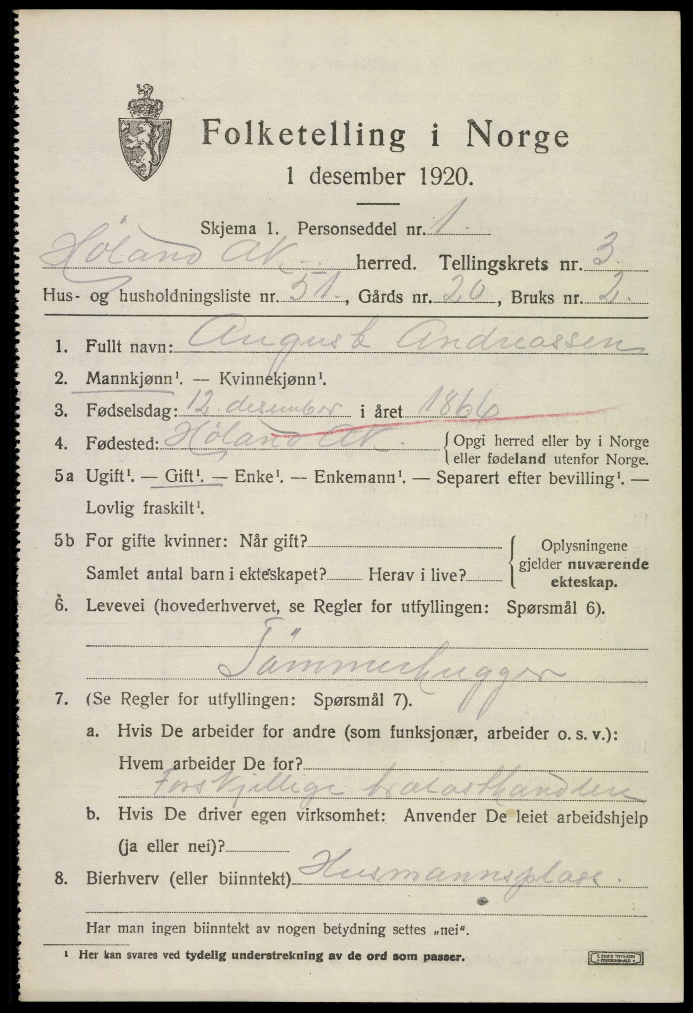 SAO, 1920 census for Høland, 1920, p. 5605