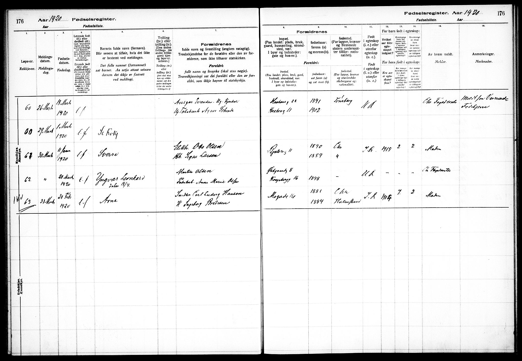 Sagene prestekontor Kirkebøker, SAO/A-10796/J/L0001: Birth register no. 1, 1916-1920, p. 176