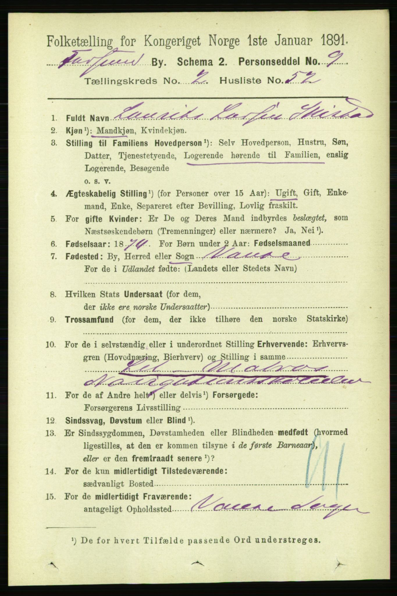 RA, 1891 census for 1003 Farsund, 1891, p. 1290