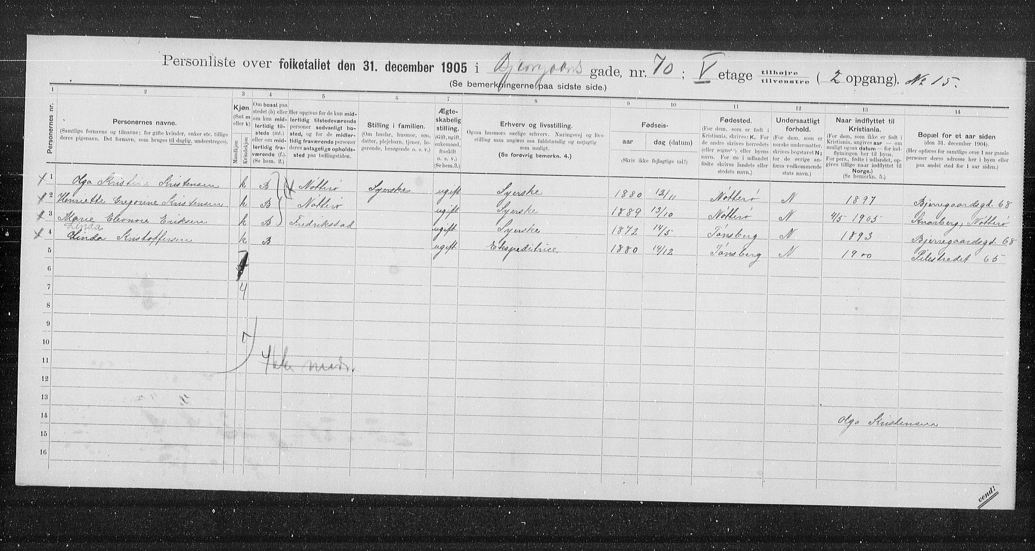 OBA, Municipal Census 1905 for Kristiania, 1905, p. 3231