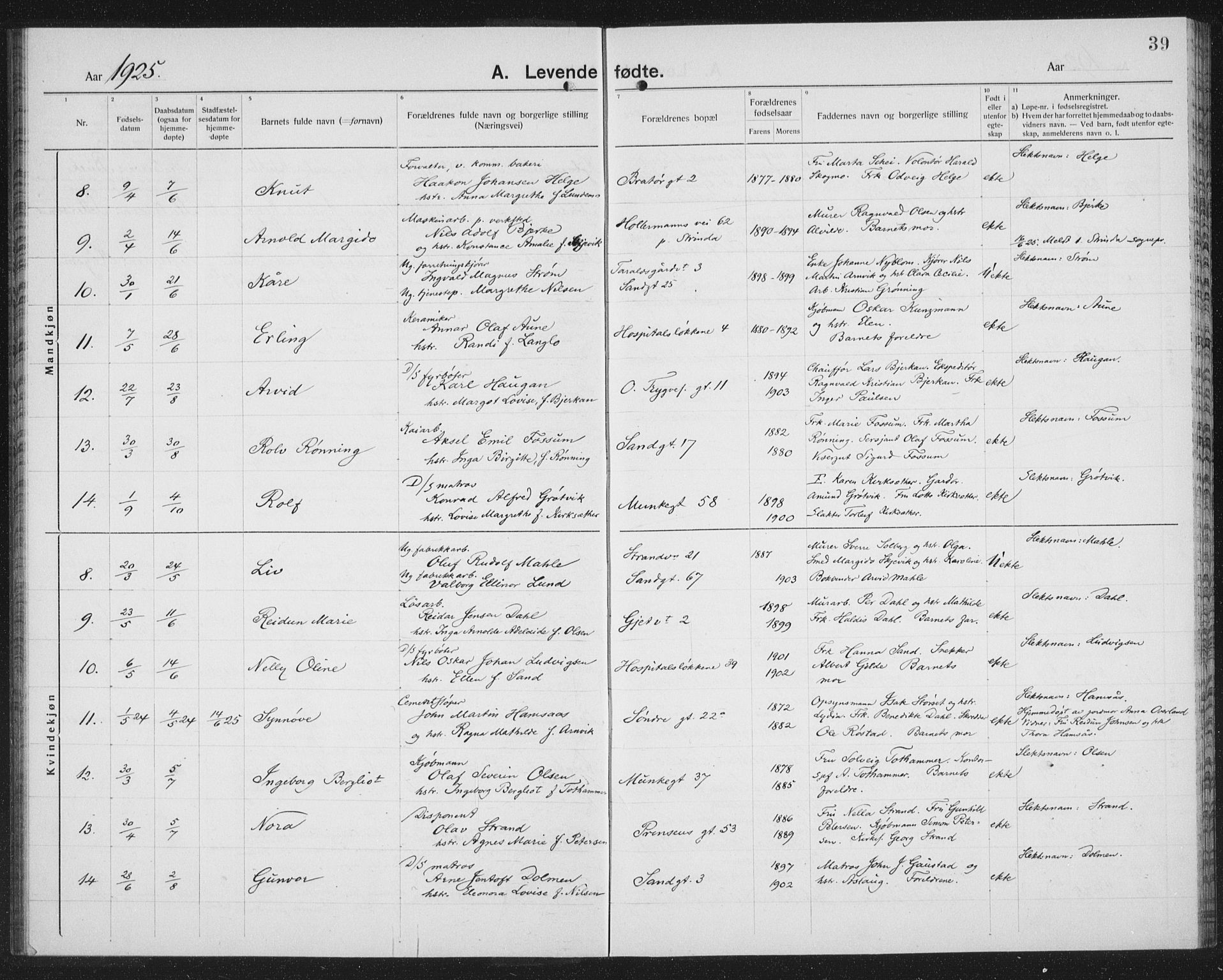 Ministerialprotokoller, klokkerbøker og fødselsregistre - Sør-Trøndelag, AV/SAT-A-1456/602/L0148: Parish register (copy) no. 602C16, 1919-1939, p. 39