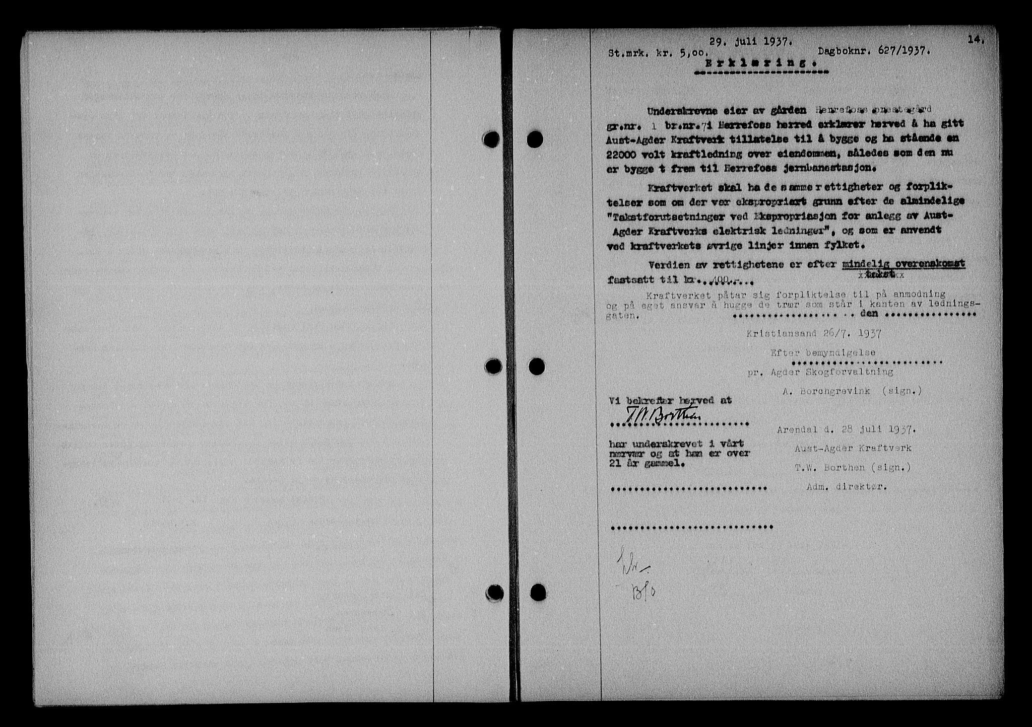 Nedenes sorenskriveri, SAK/1221-0006/G/Gb/Gba/L0044: Mortgage book no. 40, 1937-1938, Diary no: : 627/1937