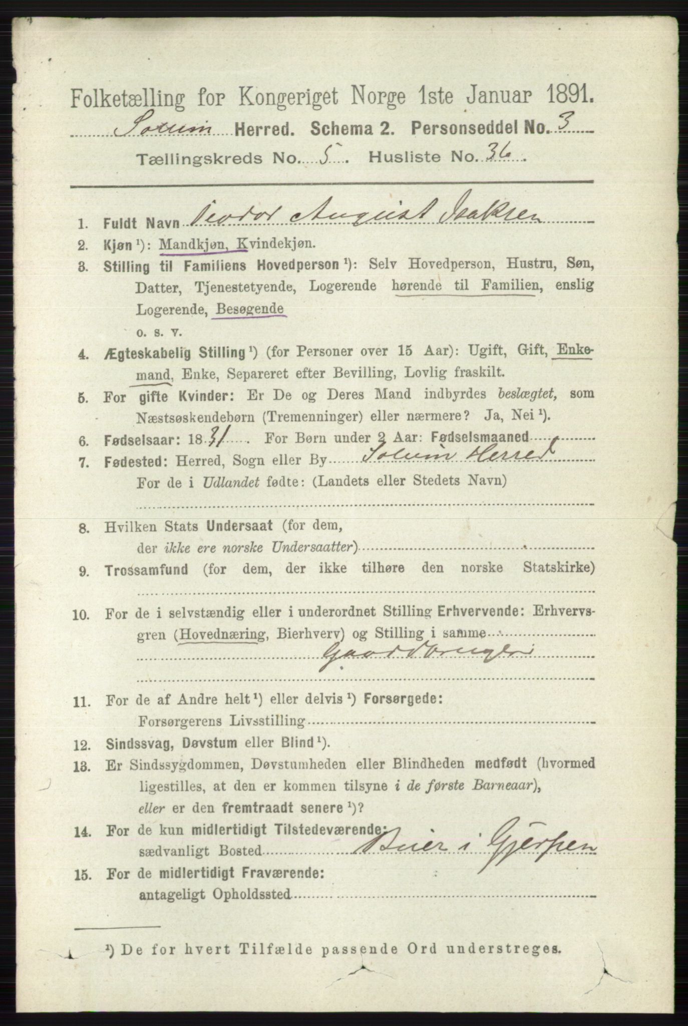 RA, 1891 census for 0818 Solum, 1891, p. 1057