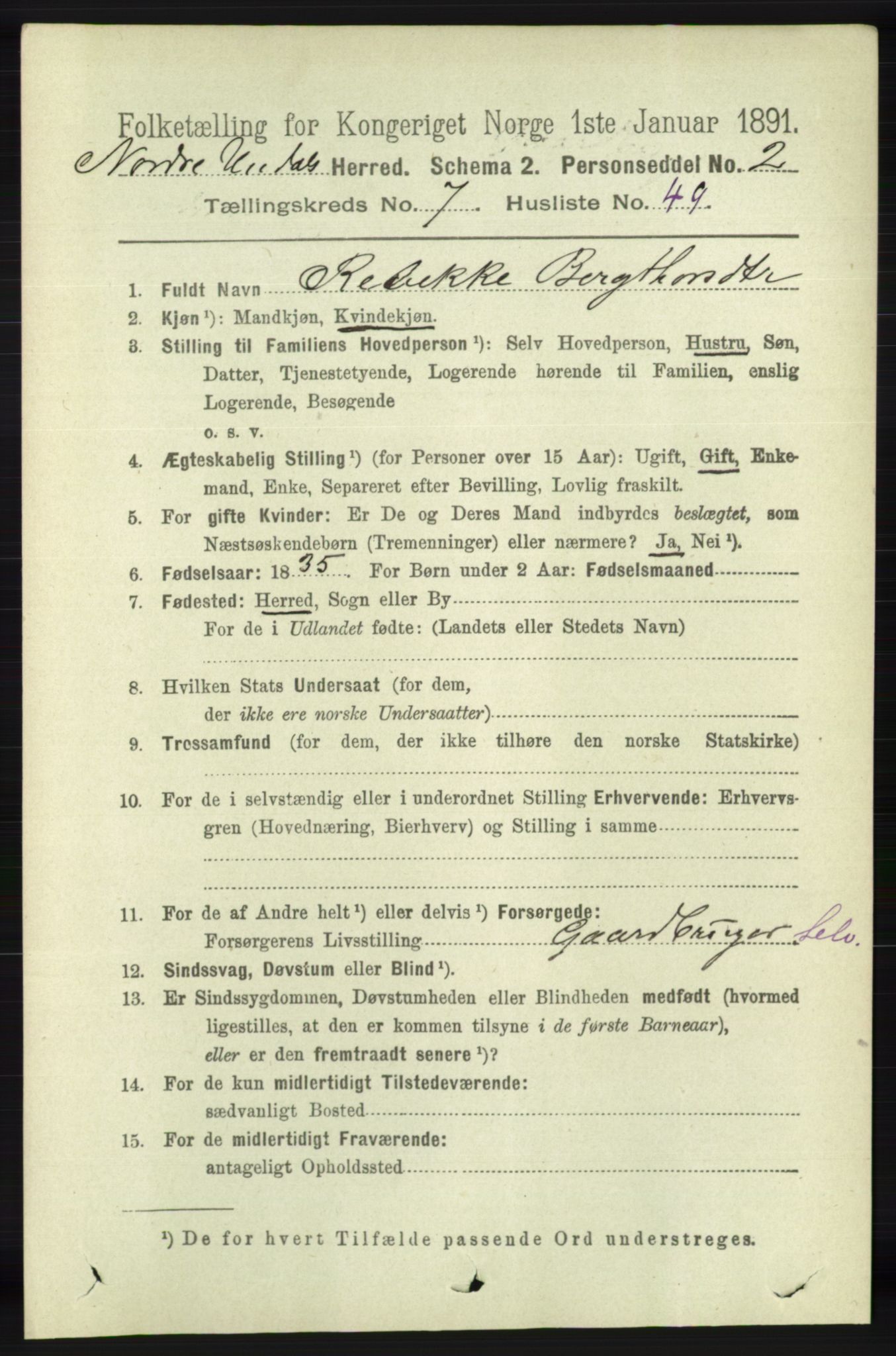 RA, 1891 census for 1028 Nord-Audnedal, 1891, p. 2064