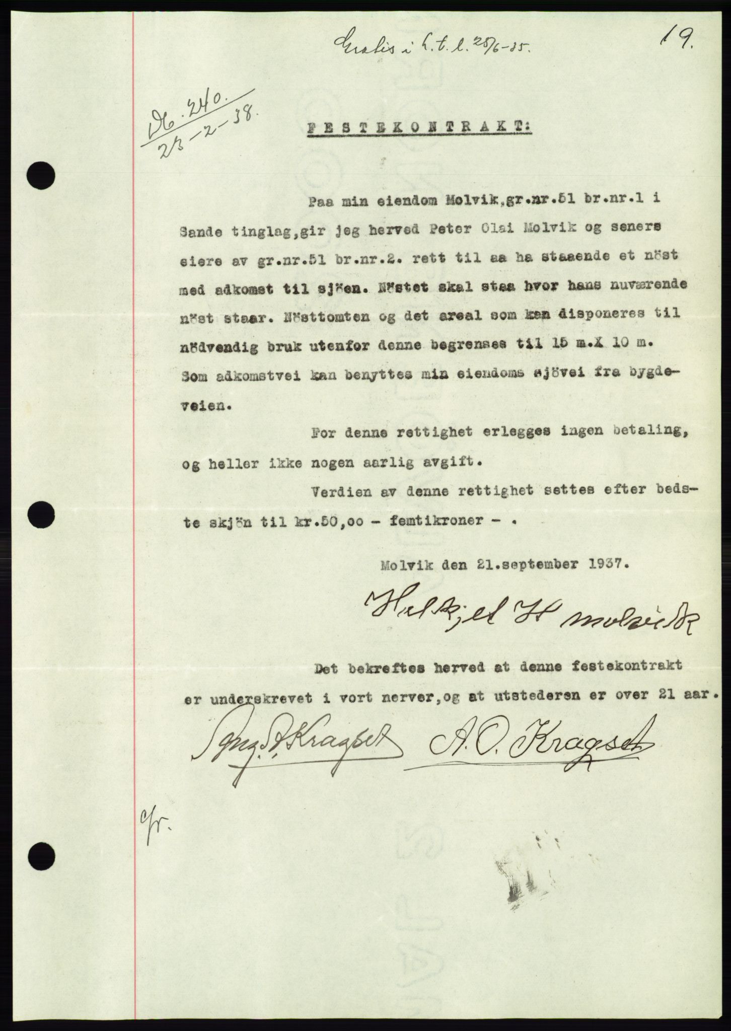 Søre Sunnmøre sorenskriveri, AV/SAT-A-4122/1/2/2C/L0065: Mortgage book no. 59, 1938-1938, Diary no: : 240/1938