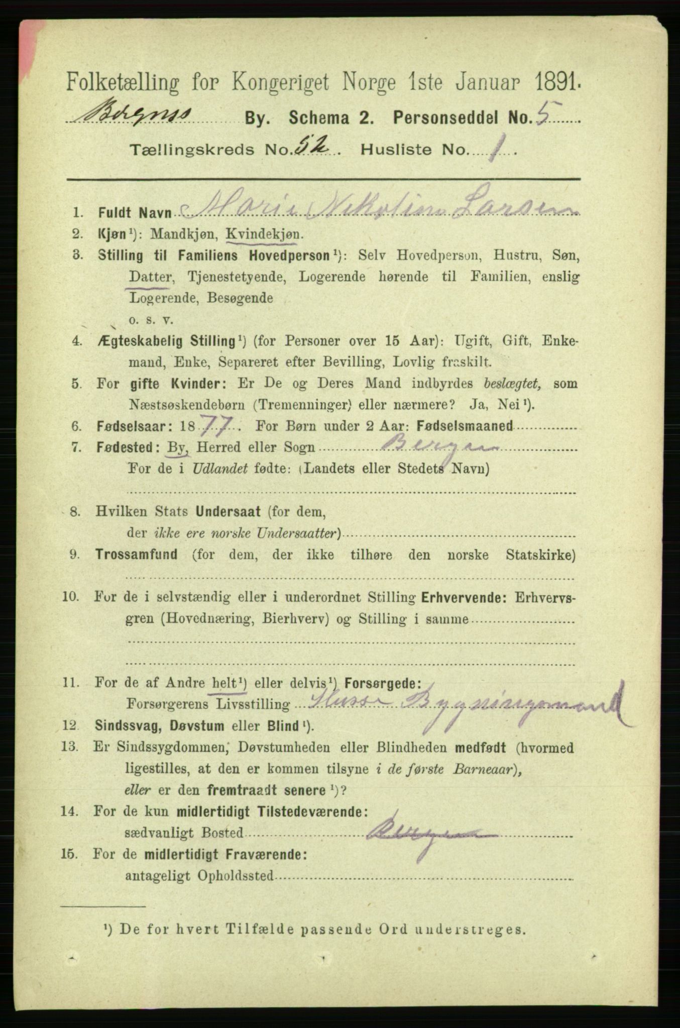 RA, 1891 Census for 1301 Bergen, 1891, p. 61208