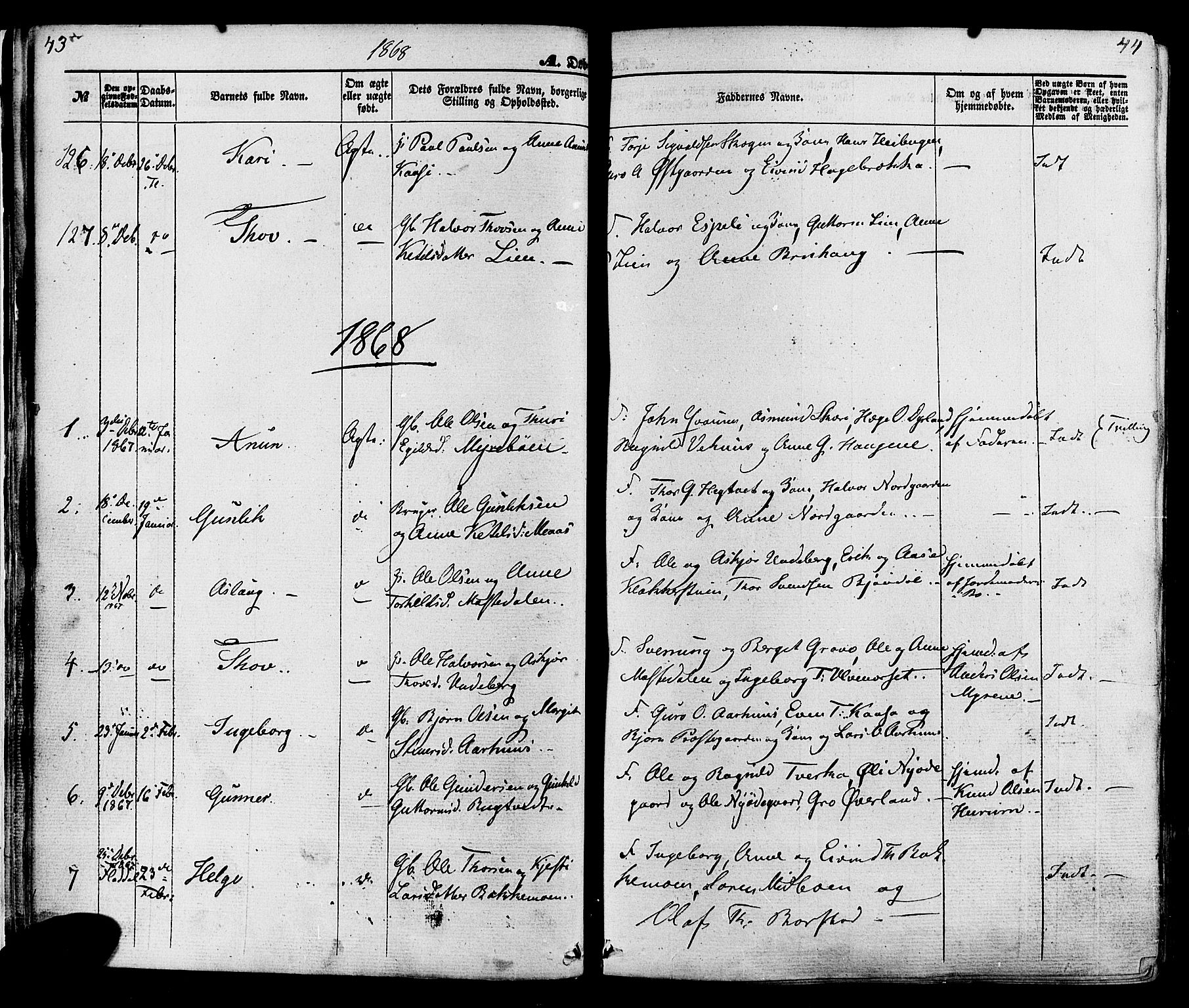 Seljord kirkebøker, SAKO/A-20/F/Fa/L0013: Parish register (official) no. I 13, 1866-1876, p. 43-44