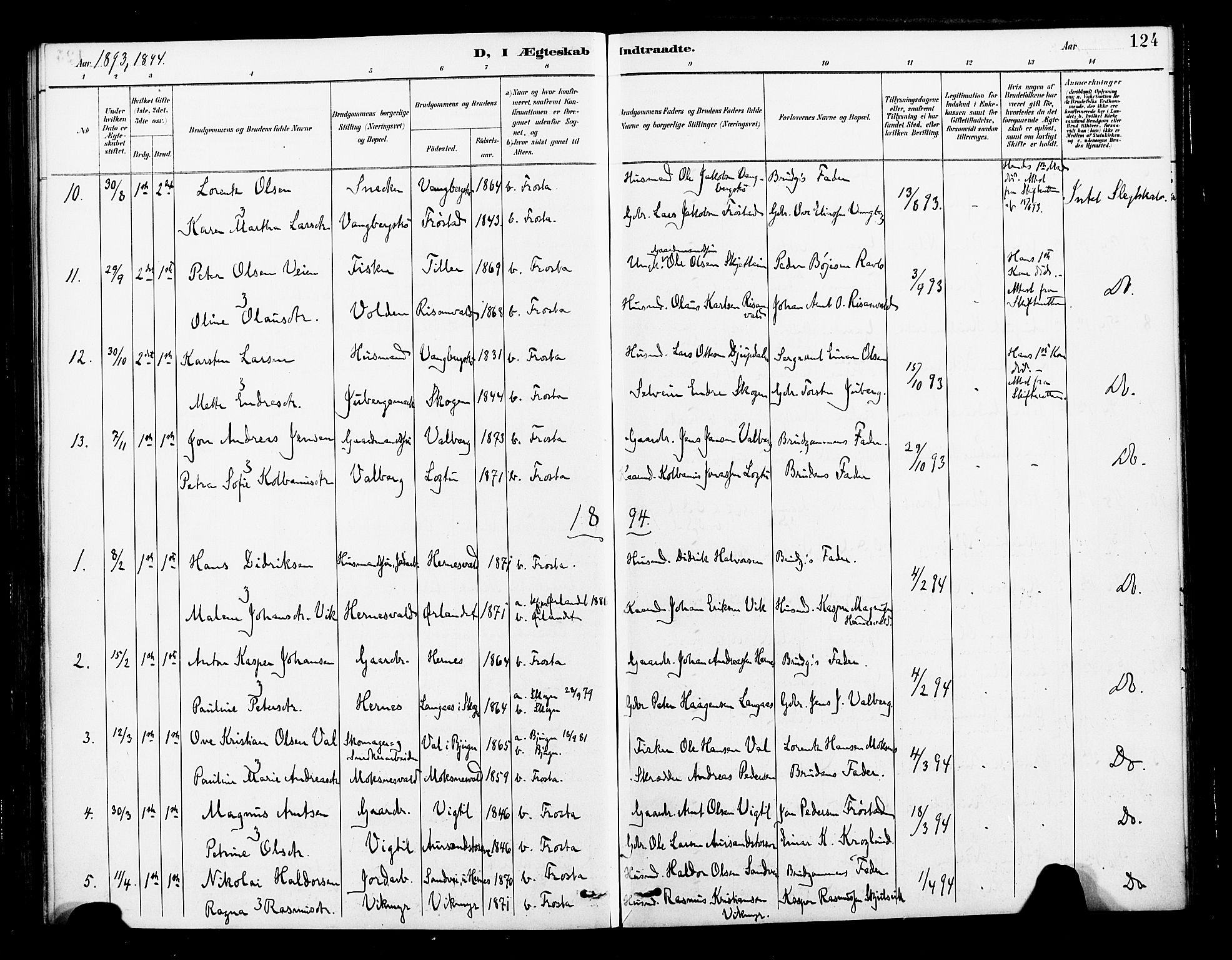 Ministerialprotokoller, klokkerbøker og fødselsregistre - Nord-Trøndelag, SAT/A-1458/713/L0121: Parish register (official) no. 713A10, 1888-1898, p. 124