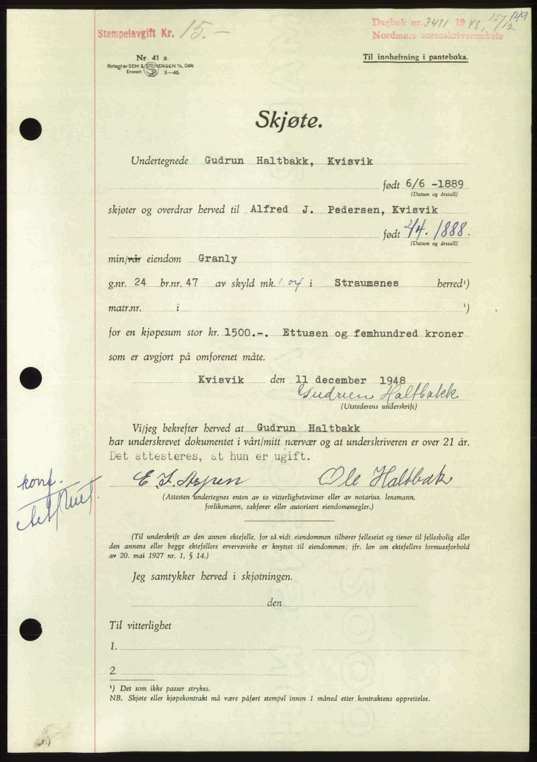 Nordmøre sorenskriveri, AV/SAT-A-4132/1/2/2Ca: Mortgage book no. A110, 1948-1949, Diary no: : 3481/1948