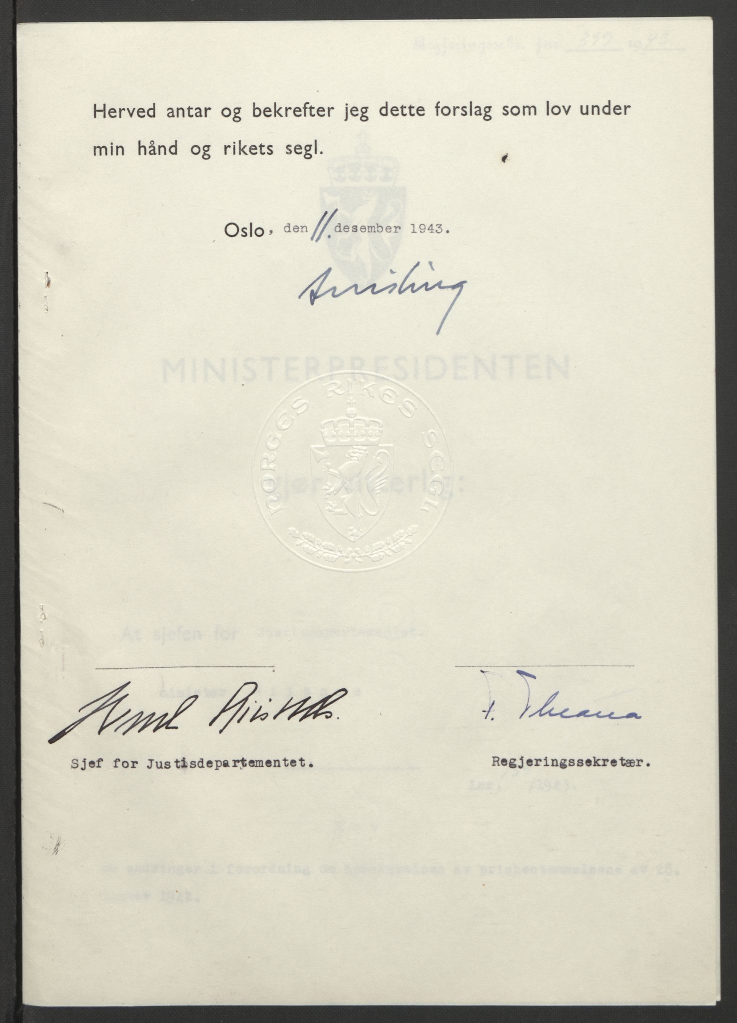 NS-administrasjonen 1940-1945 (Statsrådsekretariatet, de kommisariske statsråder mm), RA/S-4279/D/Db/L0099: Lover, 1943, p. 756