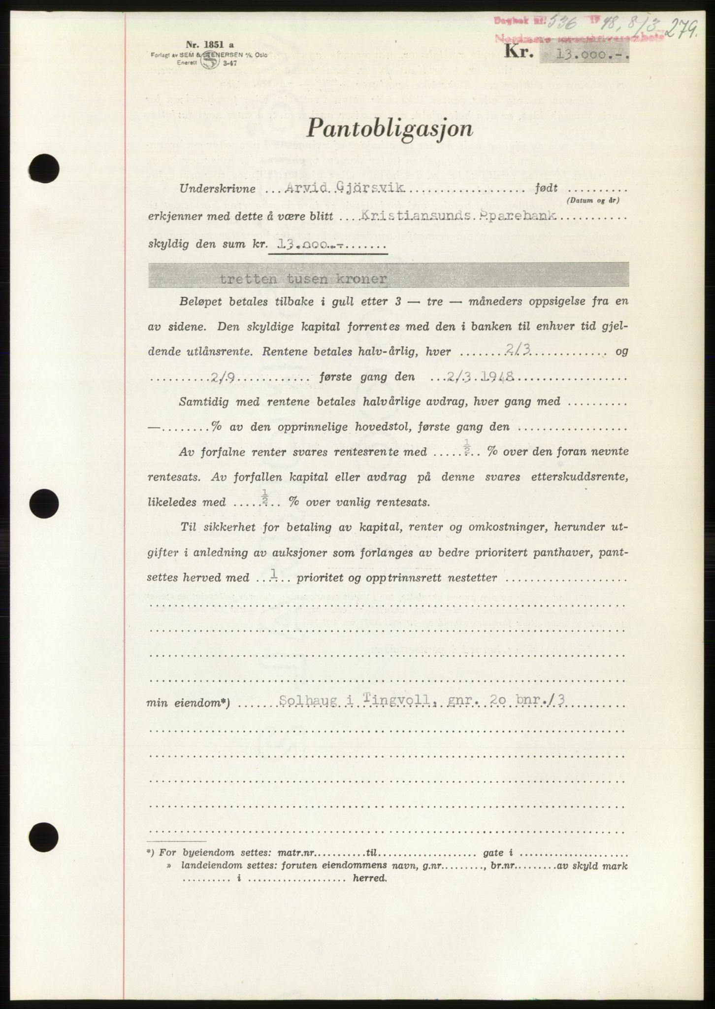 Nordmøre sorenskriveri, AV/SAT-A-4132/1/2/2Ca: Mortgage book no. B98, 1948-1948, Diary no: : 536/1948