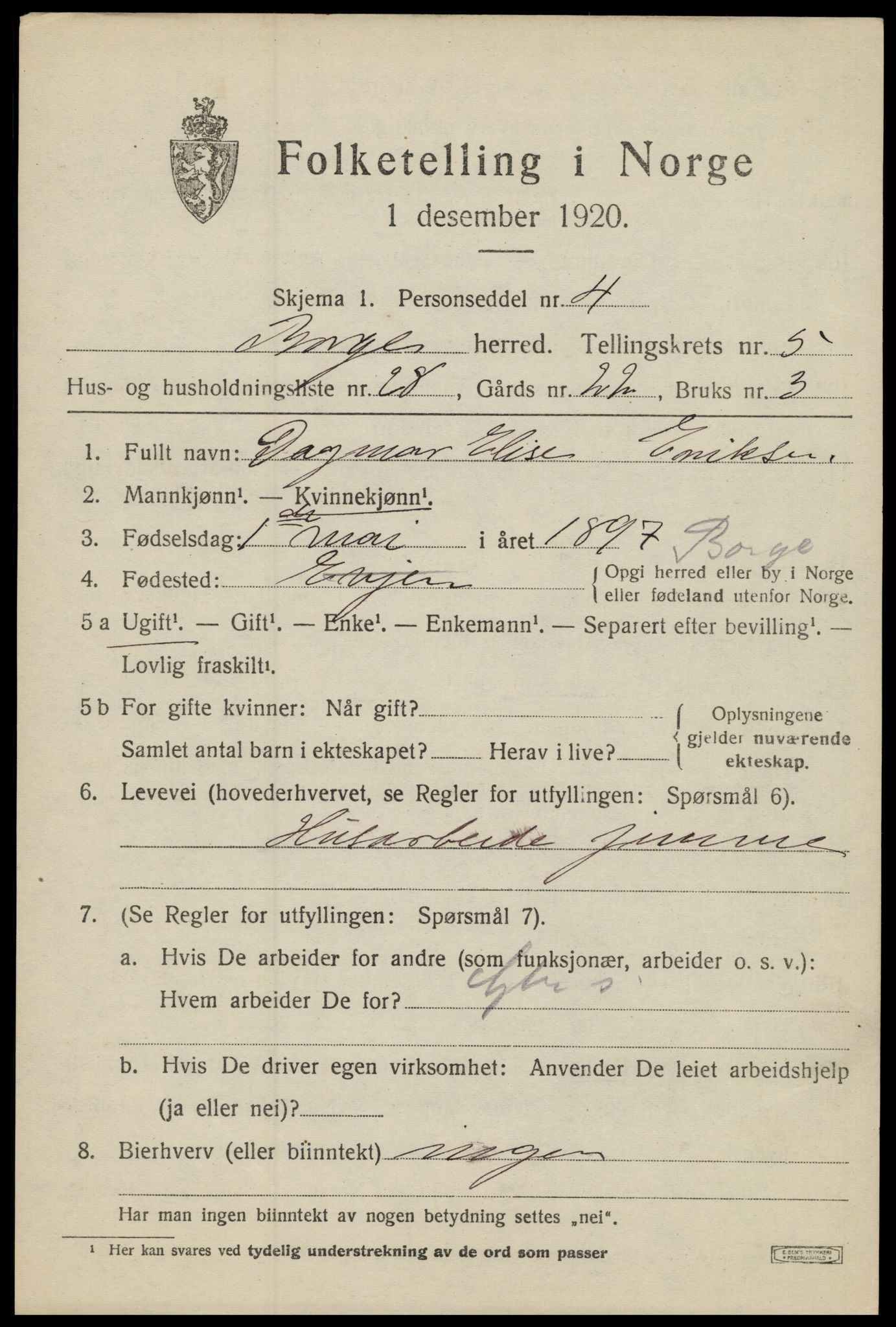 SAT, 1920 census for Borge, 1920, p. 5409