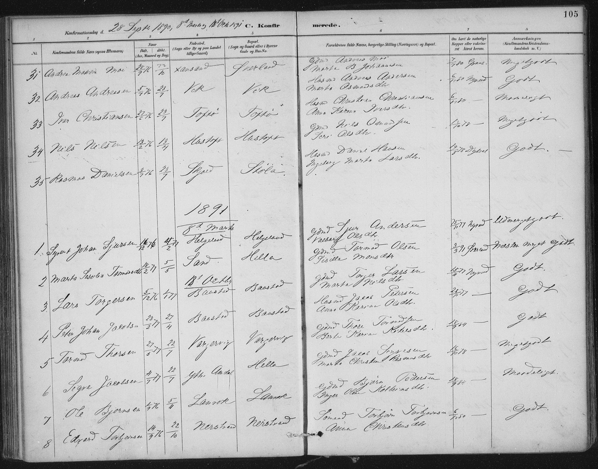 Nedstrand sokneprestkontor, AV/SAST-A-101841/01/IV: Parish register (official) no. A 12, 1887-1915, p. 105