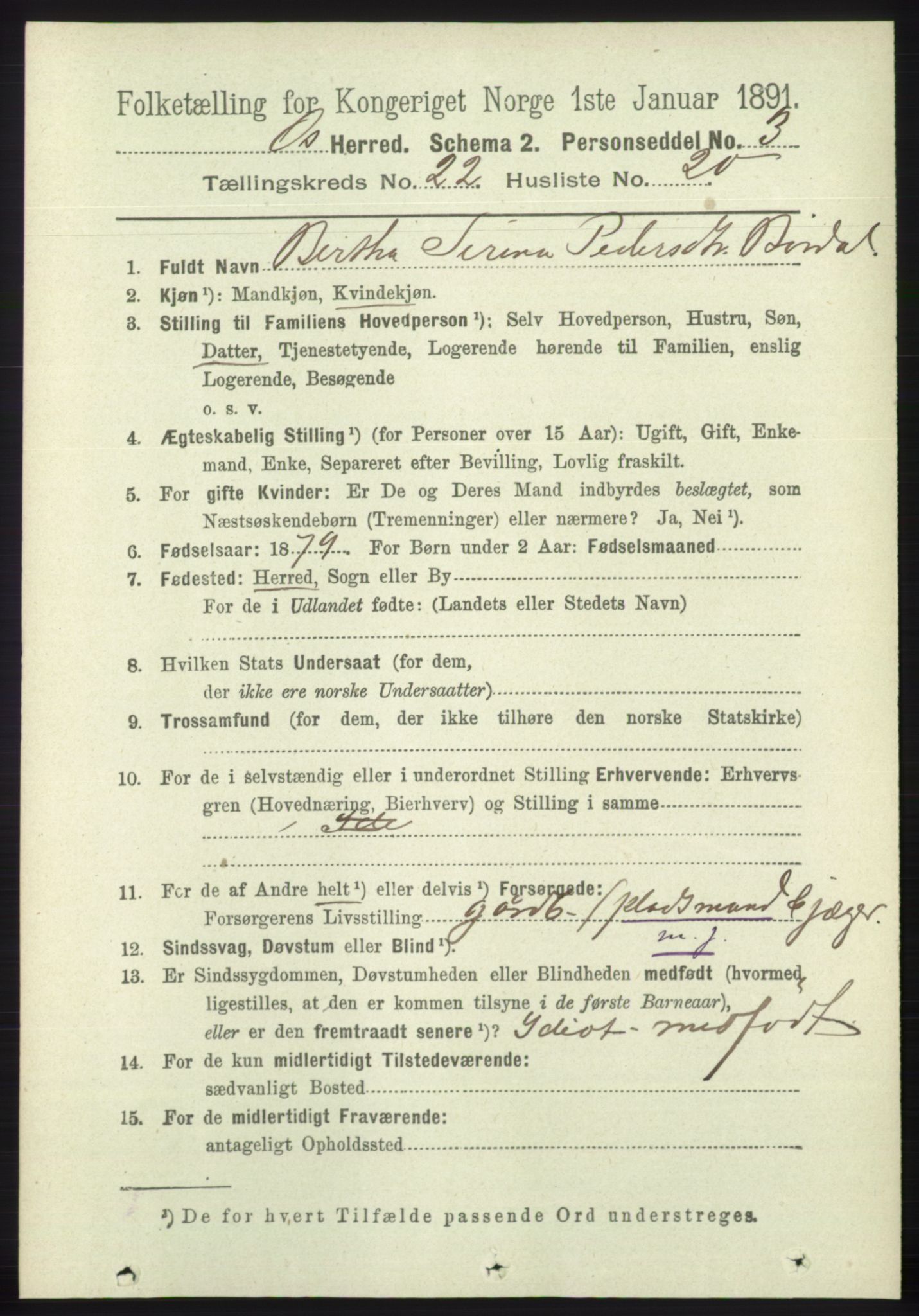 RA, 1891 census for 1243 Os, 1891, p. 5007