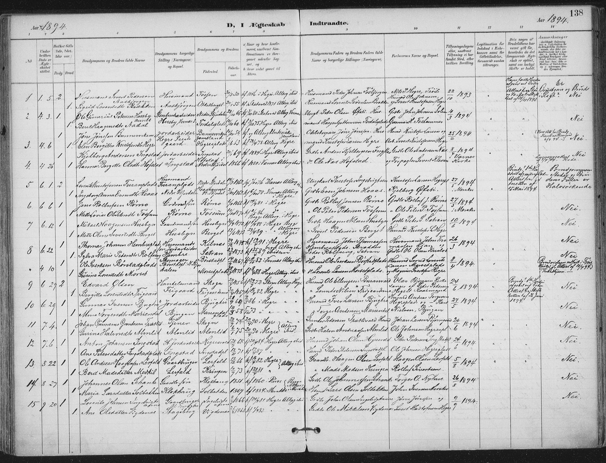 Ministerialprotokoller, klokkerbøker og fødselsregistre - Nord-Trøndelag, SAT/A-1458/703/L0031: Parish register (official) no. 703A04, 1893-1914, p. 138