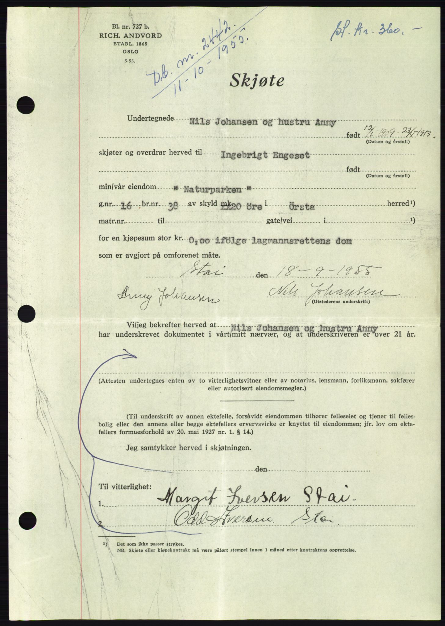 Søre Sunnmøre sorenskriveri, AV/SAT-A-4122/1/2/2C/L0102: Mortgage book no. 28A, 1955-1956, Diary no: : 2442/1955