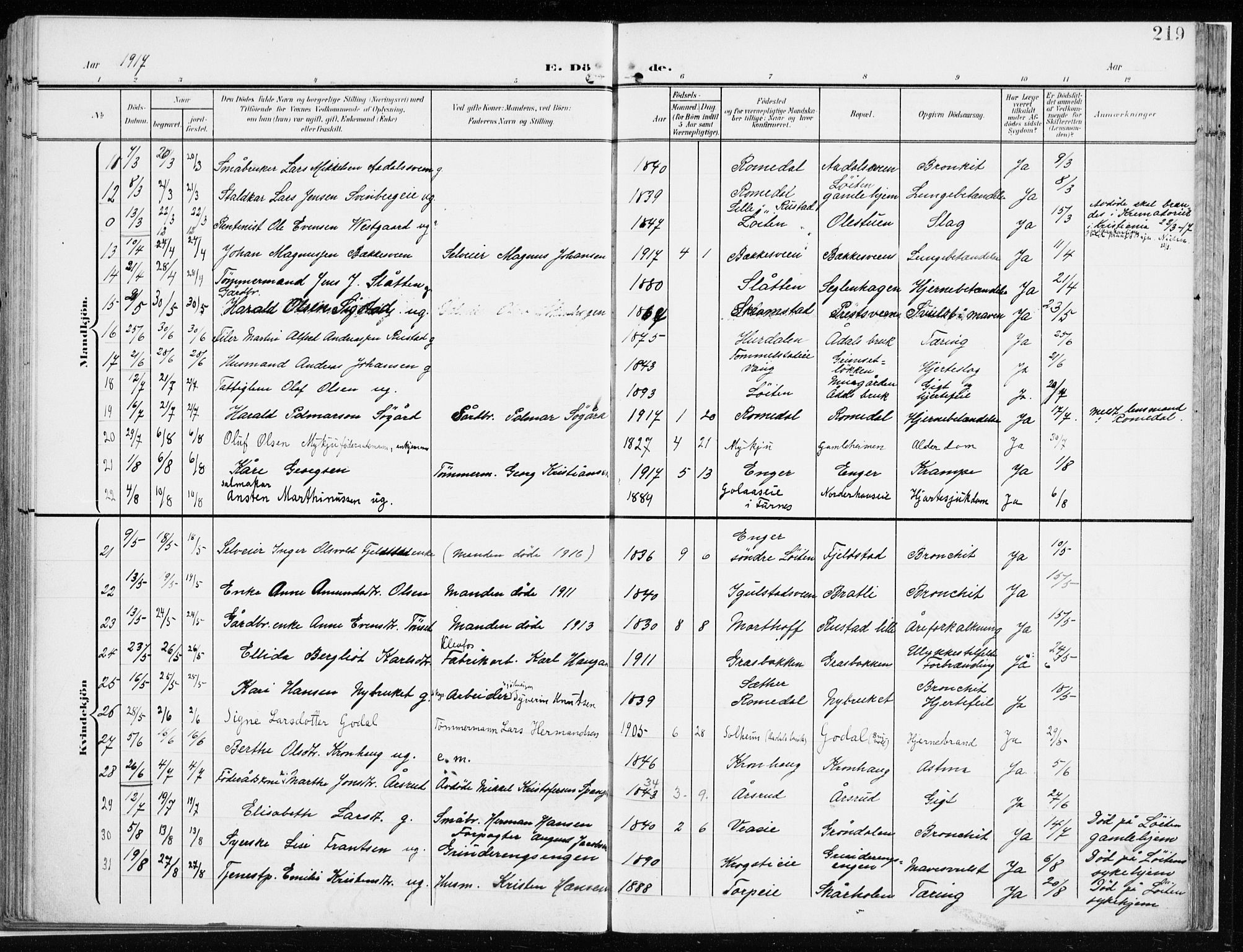 Løten prestekontor, AV/SAH-PREST-022/K/Ka/L0011: Parish register (official) no. 11, 1908-1917, p. 219