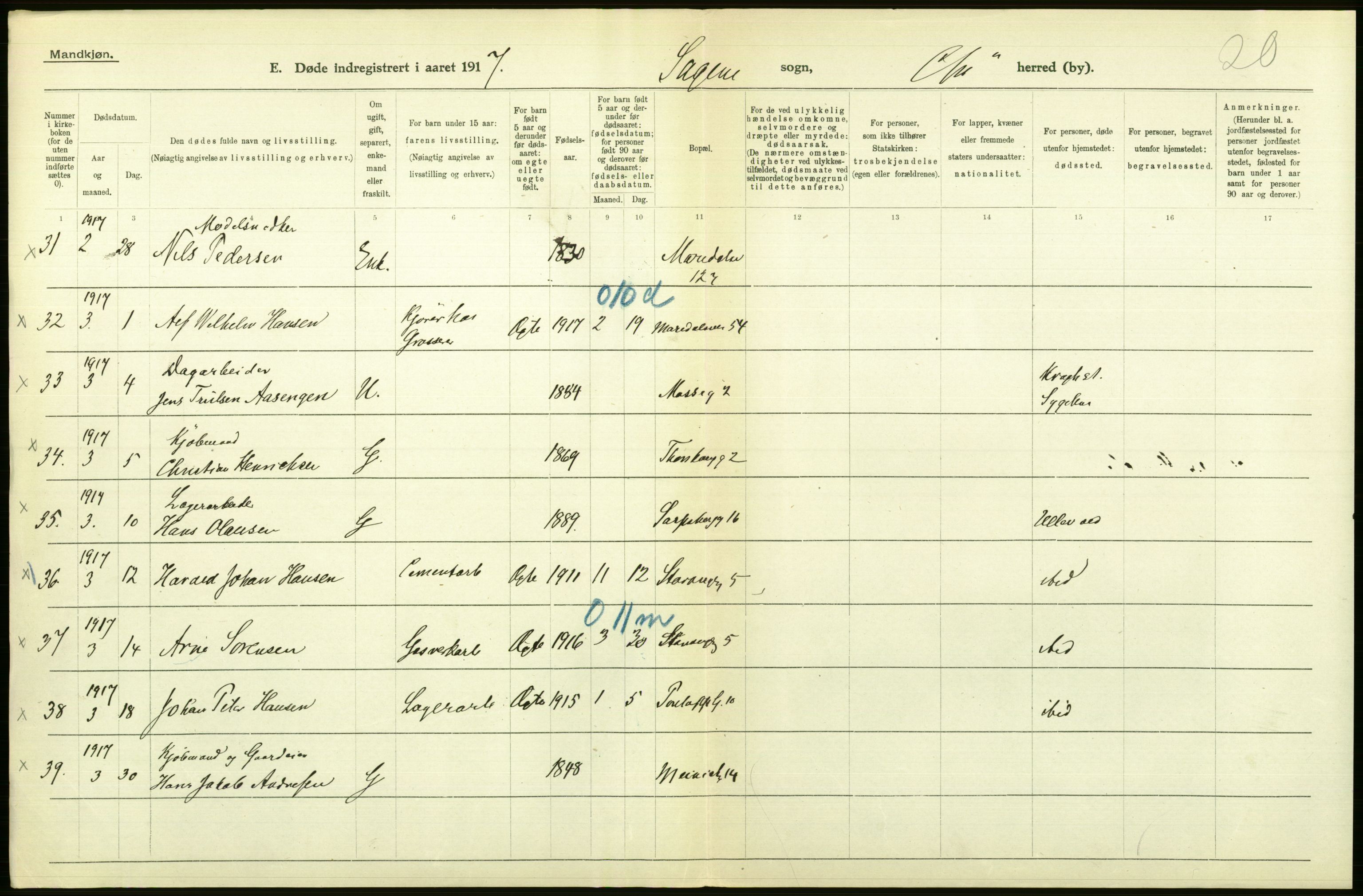 Statistisk sentralbyrå, Sosiodemografiske emner, Befolkning, AV/RA-S-2228/D/Df/Dfb/Dfbg/L0010: Kristiania: Døde, 1917, p. 576