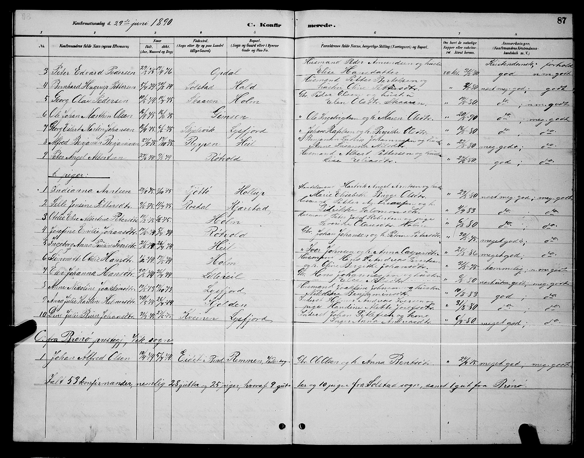 Ministerialprotokoller, klokkerbøker og fødselsregistre - Nordland, AV/SAT-A-1459/810/L0160: Parish register (copy) no. 810C03, 1884-1896, p. 87