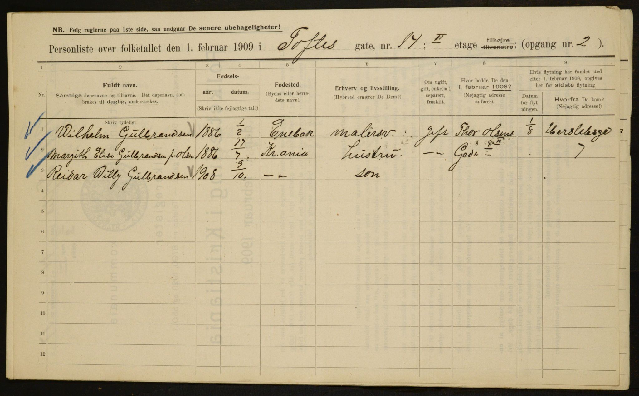 OBA, Municipal Census 1909 for Kristiania, 1909, p. 101109