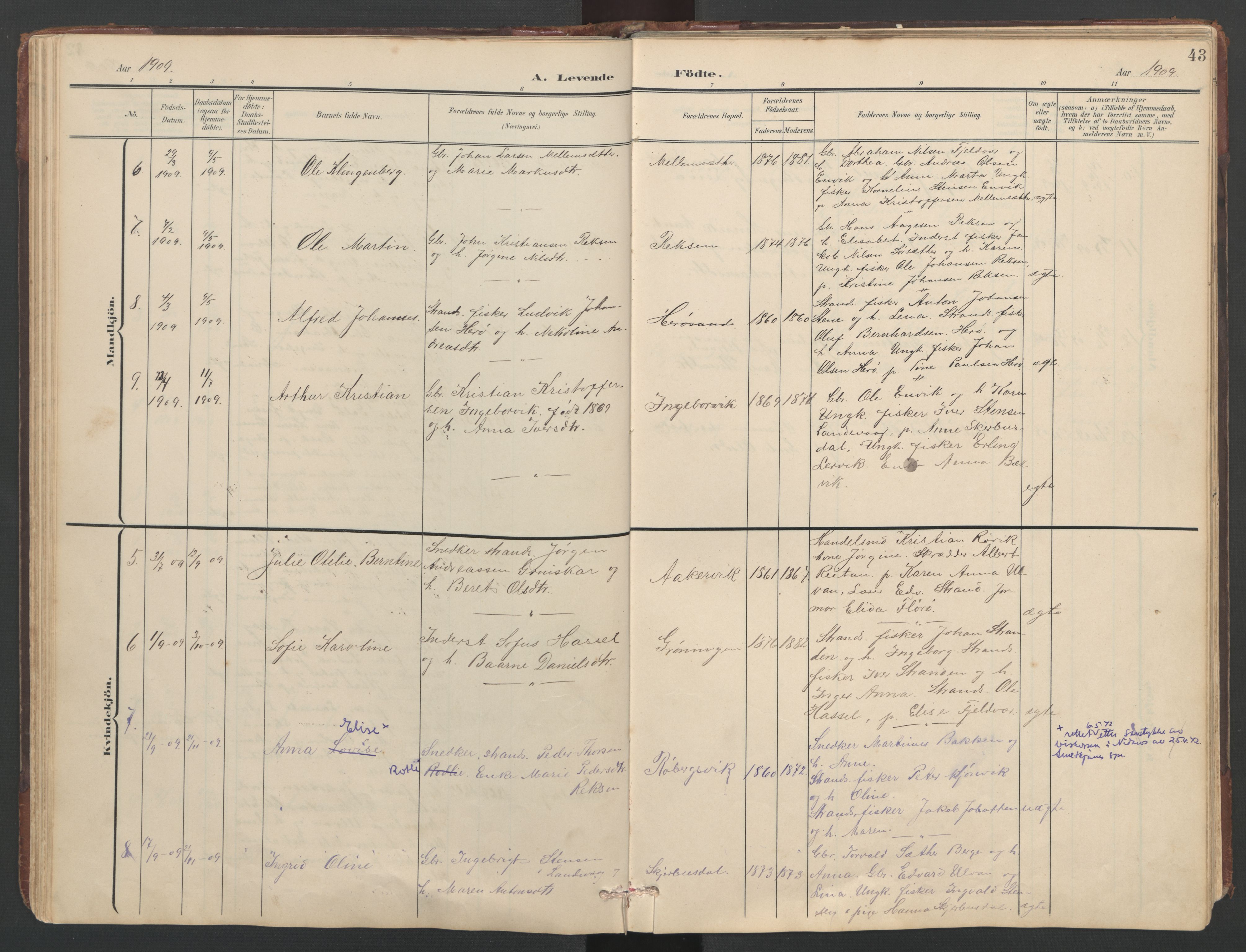 Ministerialprotokoller, klokkerbøker og fødselsregistre - Sør-Trøndelag, SAT/A-1456/638/L0571: Parish register (copy) no. 638C03, 1901-1930, p. 43