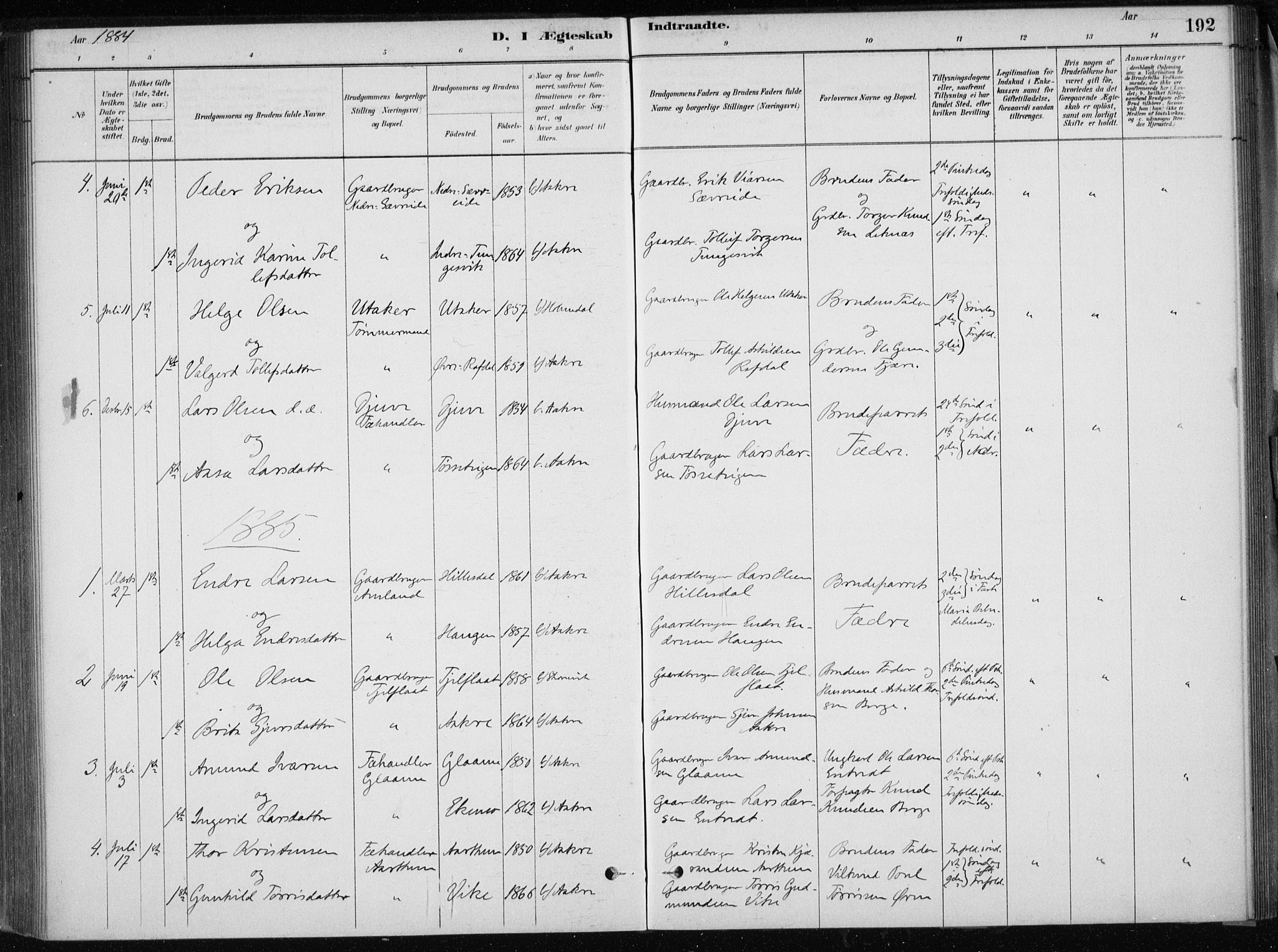 Skånevik sokneprestembete, AV/SAB-A-77801/H/Haa: Parish register (official) no. E  1, 1879-1901, p. 192