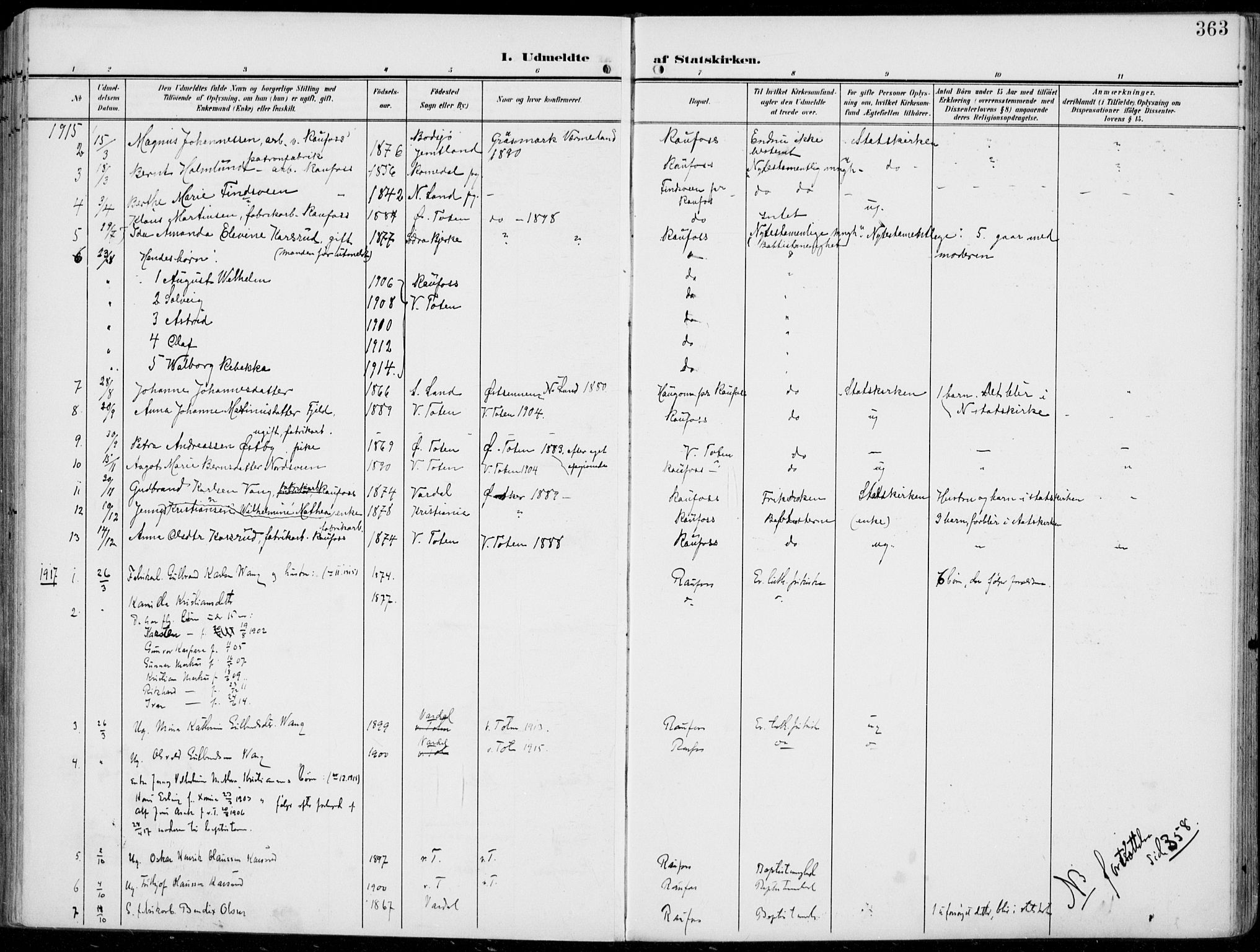 Vestre Toten prestekontor, SAH/PREST-108/H/Ha/Haa/L0014: Parish register (official) no. 14, 1907-1920, p. 363