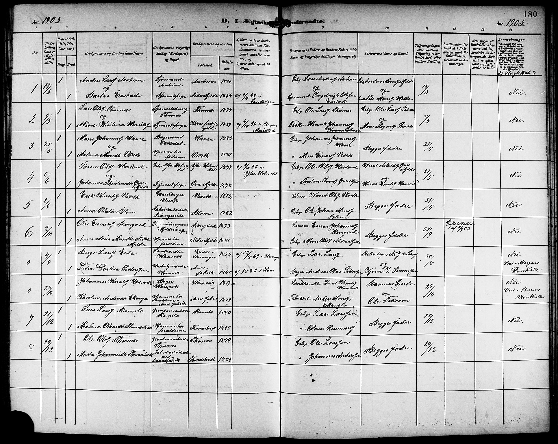 Haus sokneprestembete, SAB/A-75601/H/Hab: Parish register (copy) no. B 4, 1900-1921, p. 180