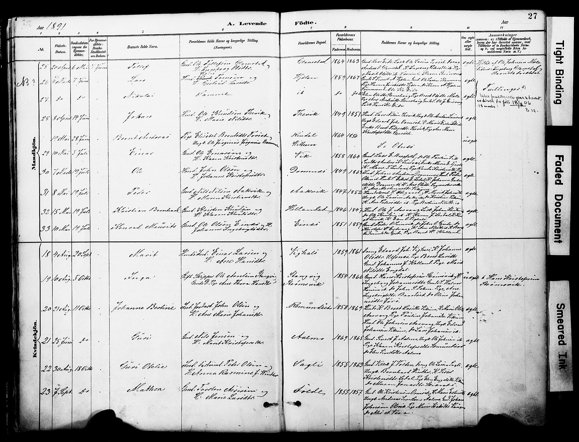 Ministerialprotokoller, klokkerbøker og fødselsregistre - Møre og Romsdal, SAT/A-1454/578/L0907: Parish register (official) no. 578A06, 1887-1904, p. 27