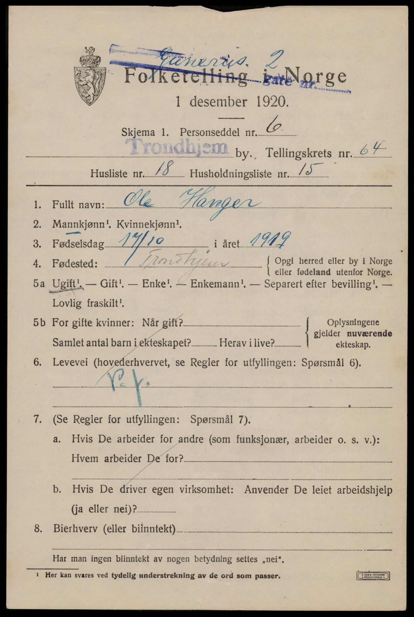 SAT, 1920 census for Trondheim, 1920, p. 128784