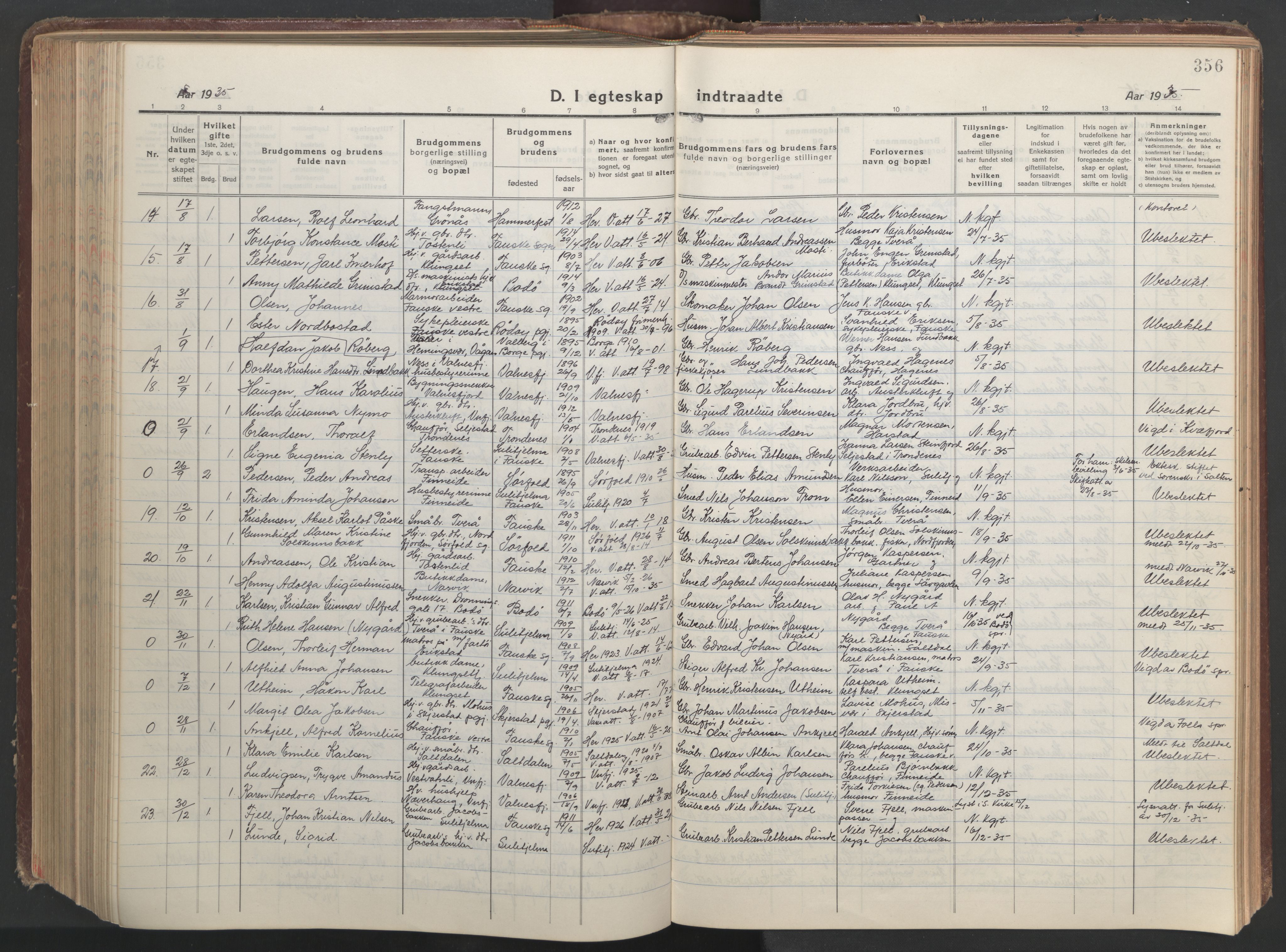 Ministerialprotokoller, klokkerbøker og fødselsregistre - Nordland, AV/SAT-A-1459/849/L0700: Parish register (copy) no. 849C01, 1919-1946, p. 356