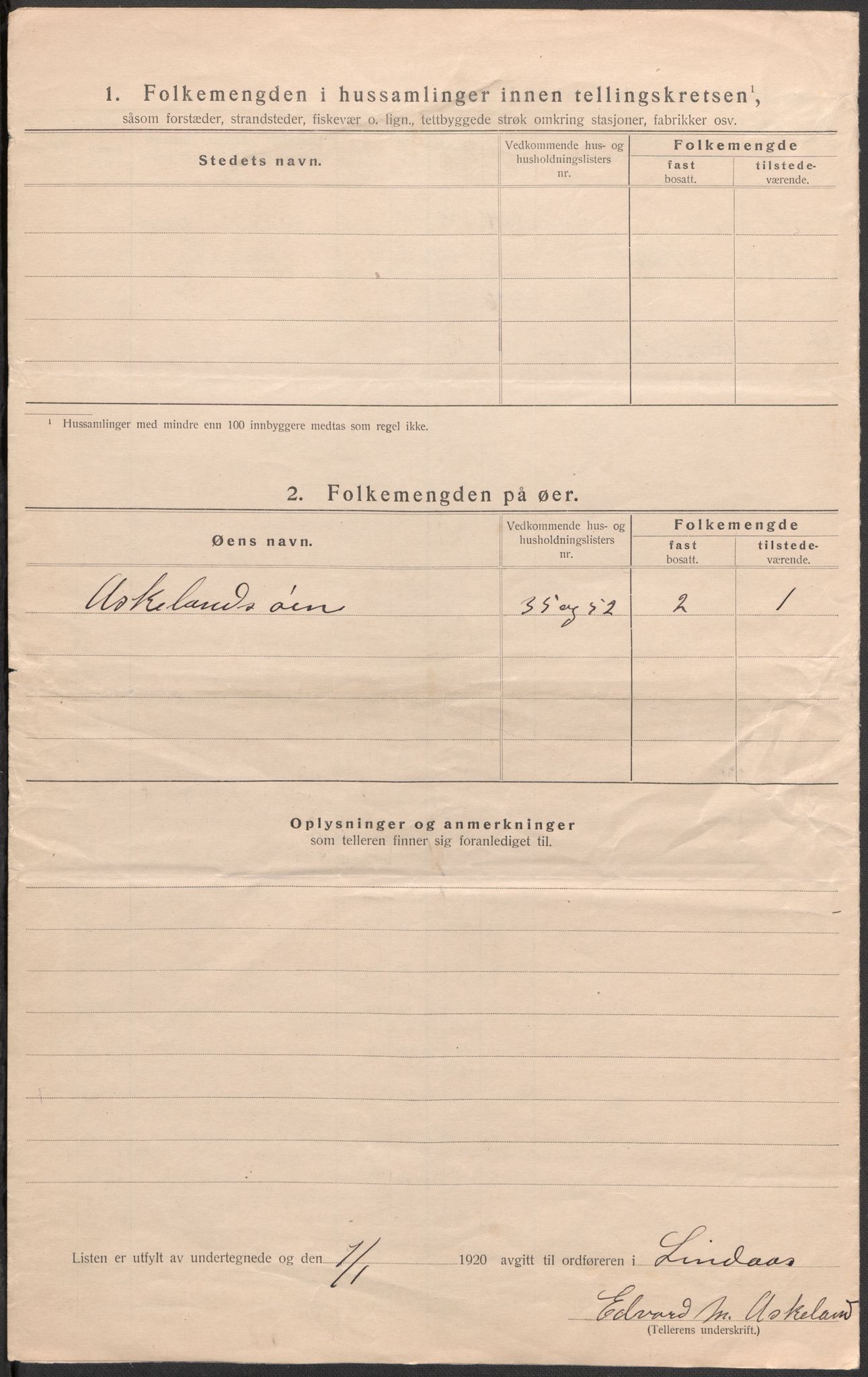 SAB, 1920 census for Lindås, 1920, p. 13