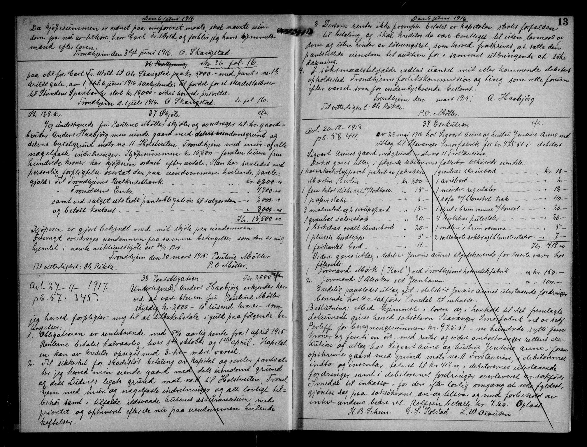 Trondheim byfogd, AV/SAT-A-0003/1/2/2C/L0057: Mortgage book no. 56, 1916-1917, p. 13