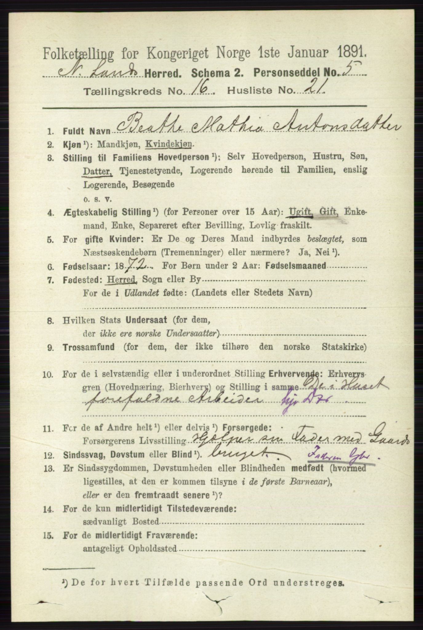 RA, 1891 census for 0538 Nordre Land, 1891, p. 4257