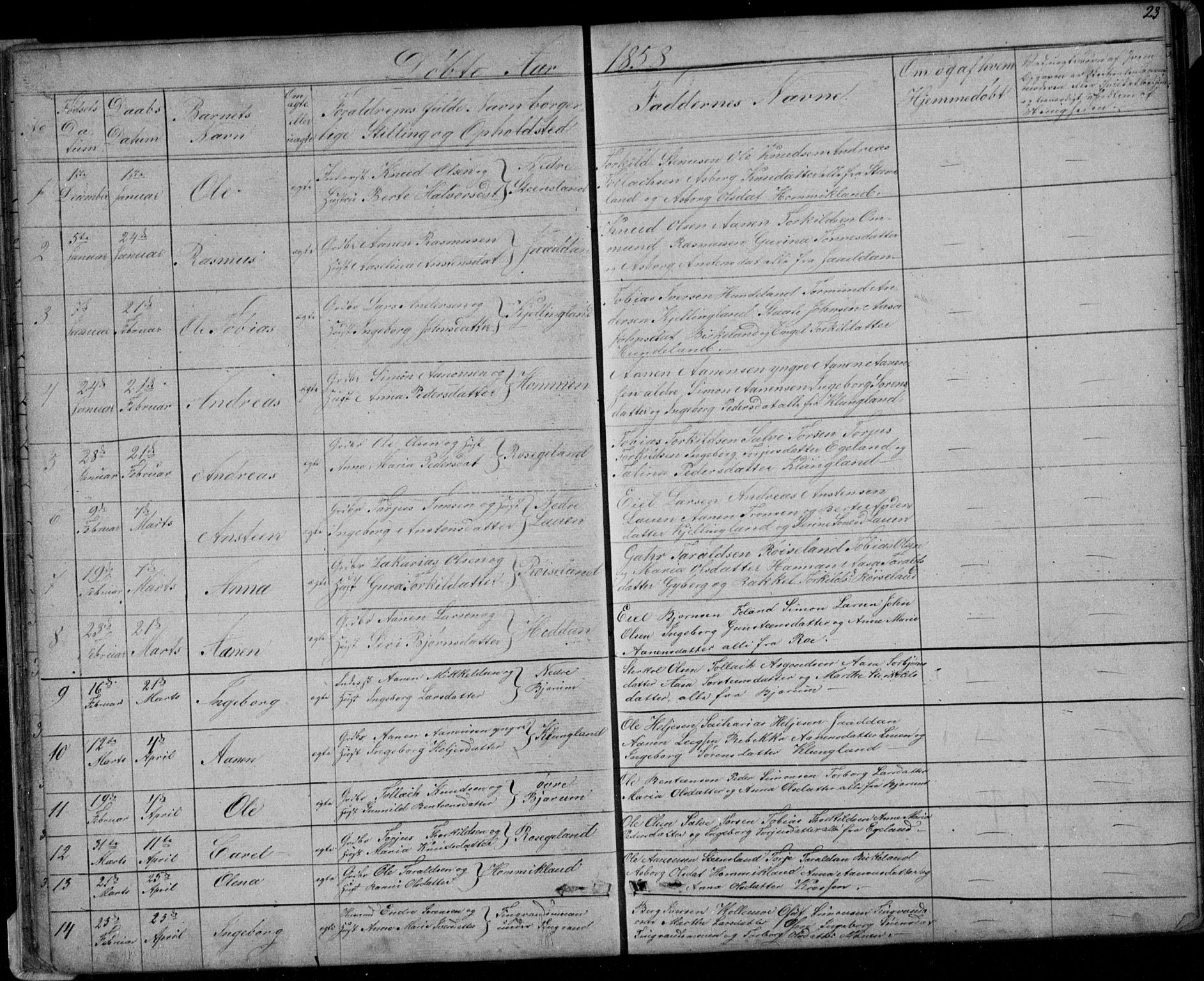 Hægebostad sokneprestkontor, SAK/1111-0024/F/Fb/Fba/L0002: Parish register (copy) no. B 2, 1851-1882, p. 23