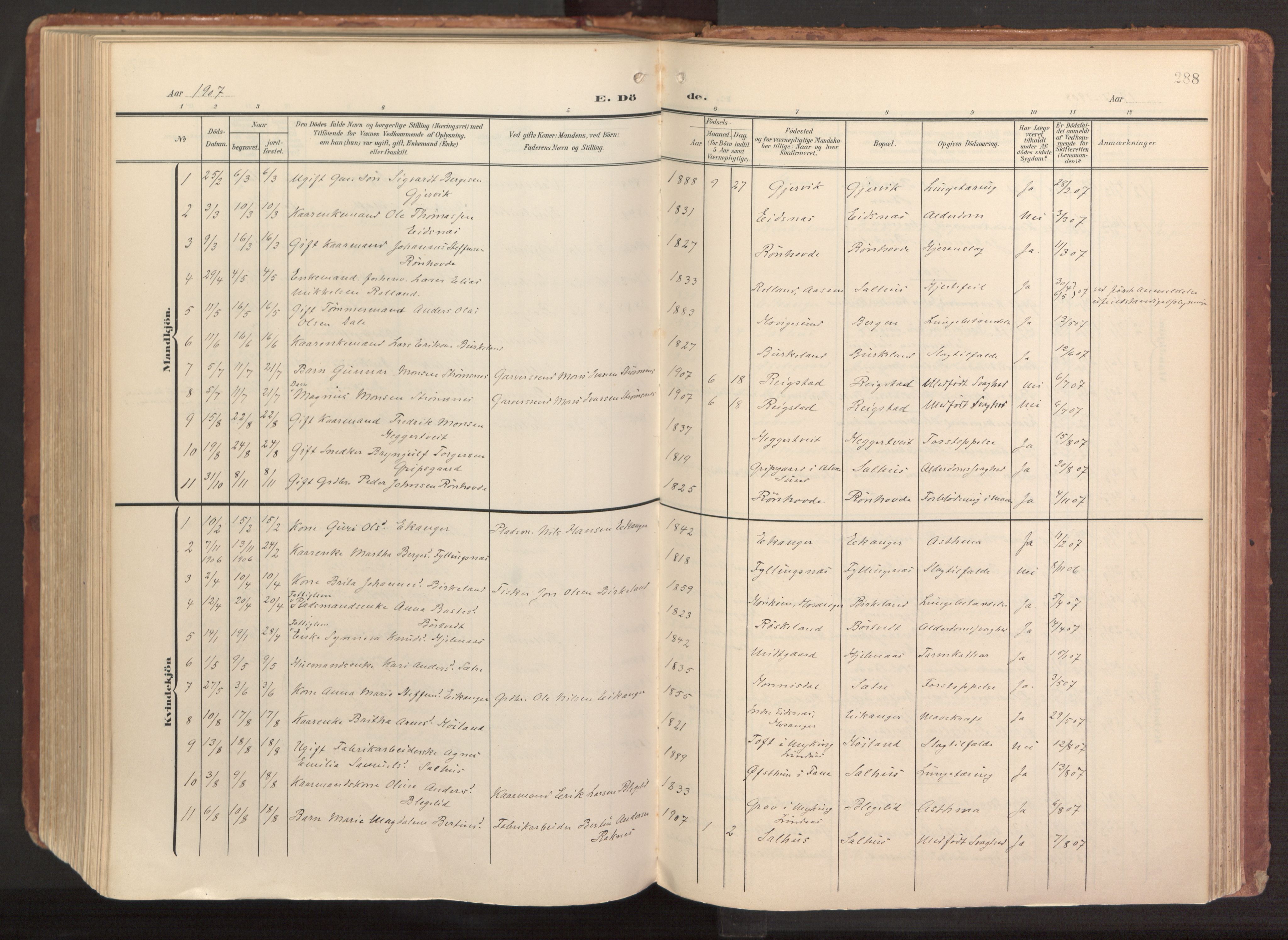 Hamre sokneprestembete, SAB/A-75501/H/Ha/Haa/Haab/L0002: Parish register (official) no. B 2, 1905-1924, p. 288