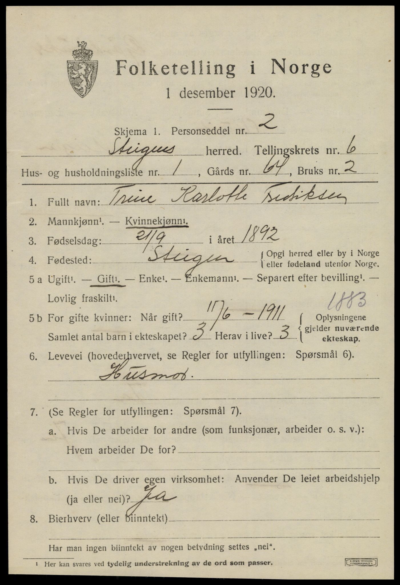 SAT, 1920 census for Steigen, 1920, p. 2346
