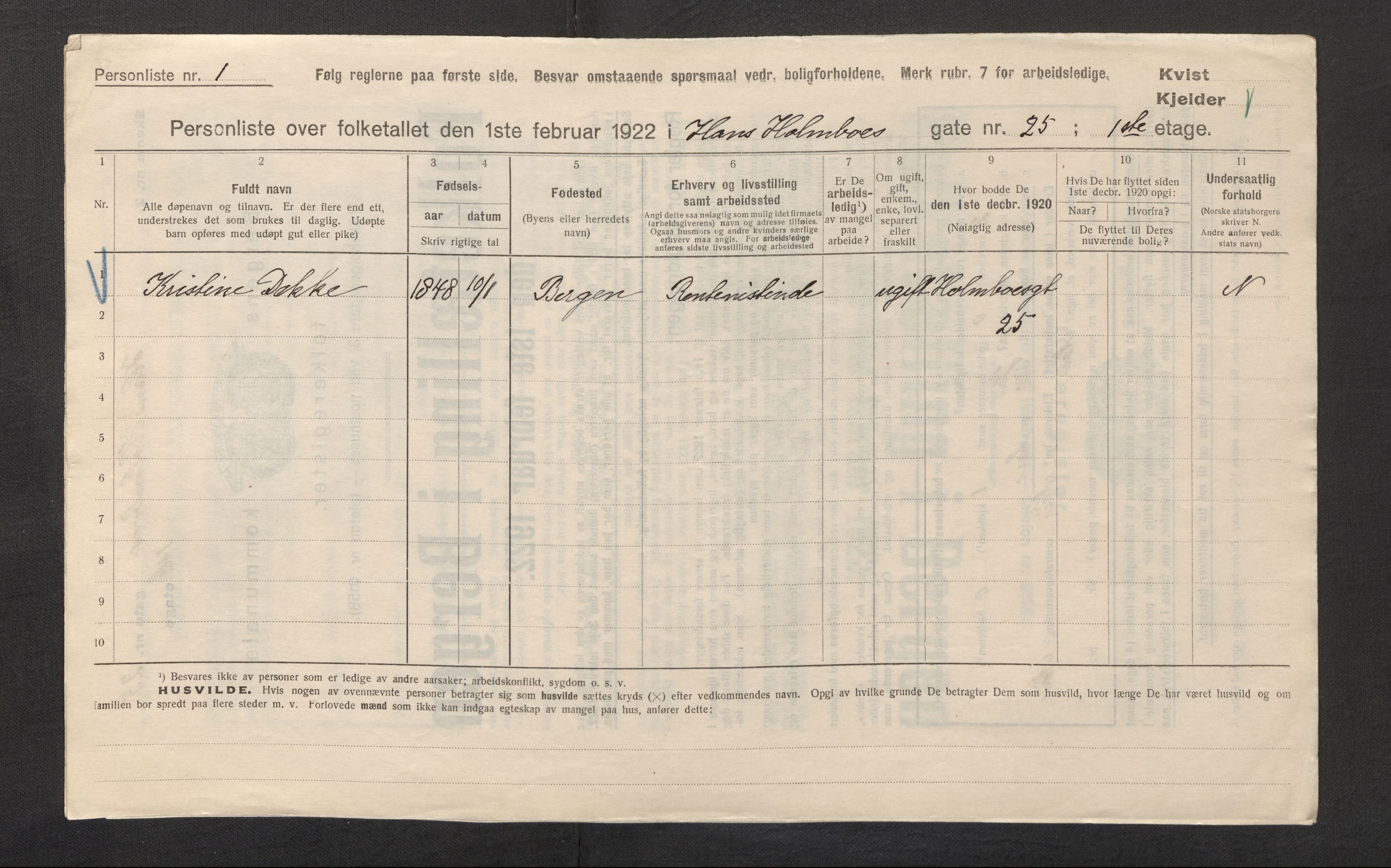 SAB, Municipal Census 1922 for Bergen, 1922, p. 12919