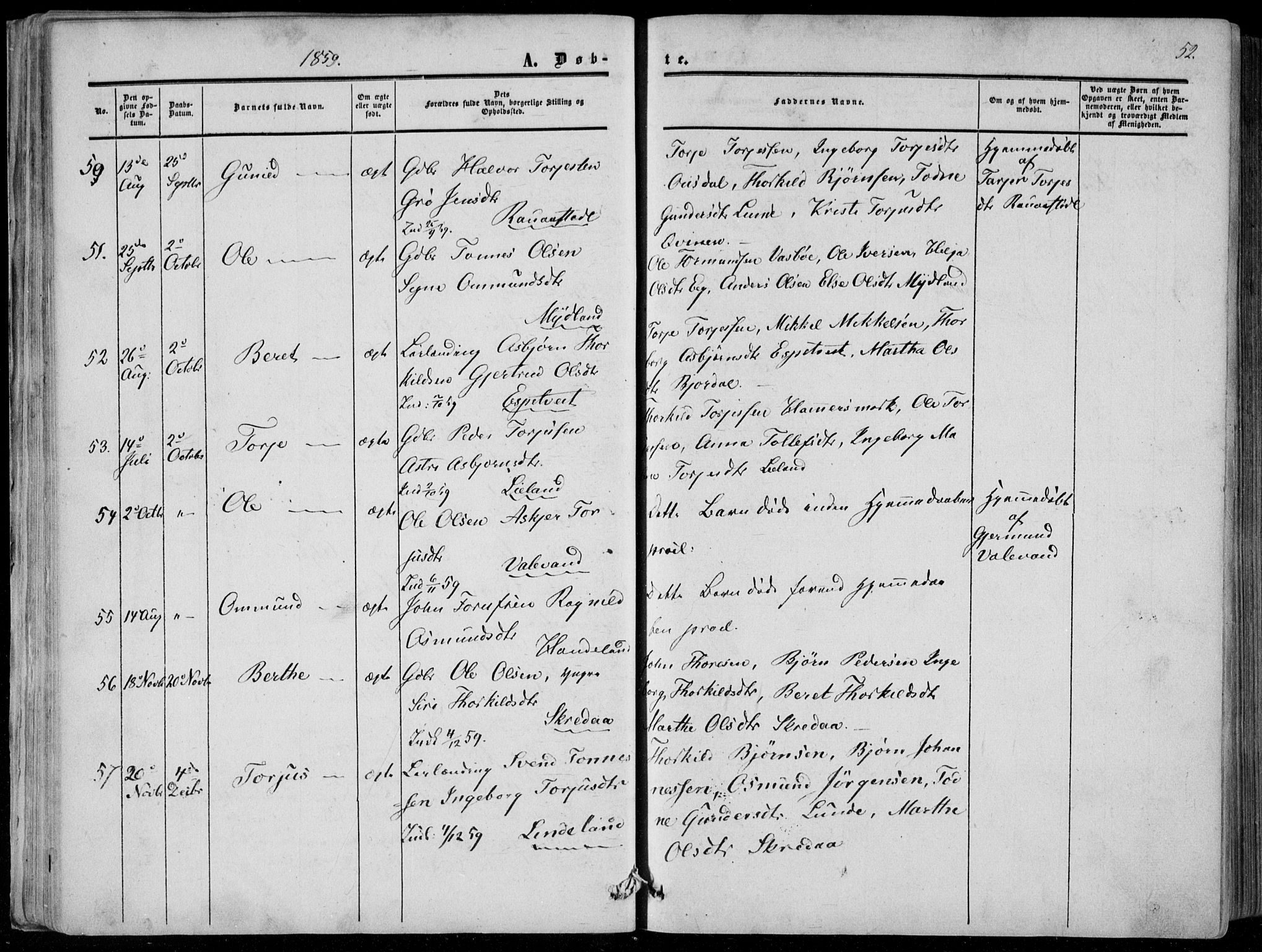 Sirdal sokneprestkontor, AV/SAK-1111-0036/F/Fa/Fab/L0002: Parish register (official) no. A 2, 1855-1874, p. 52