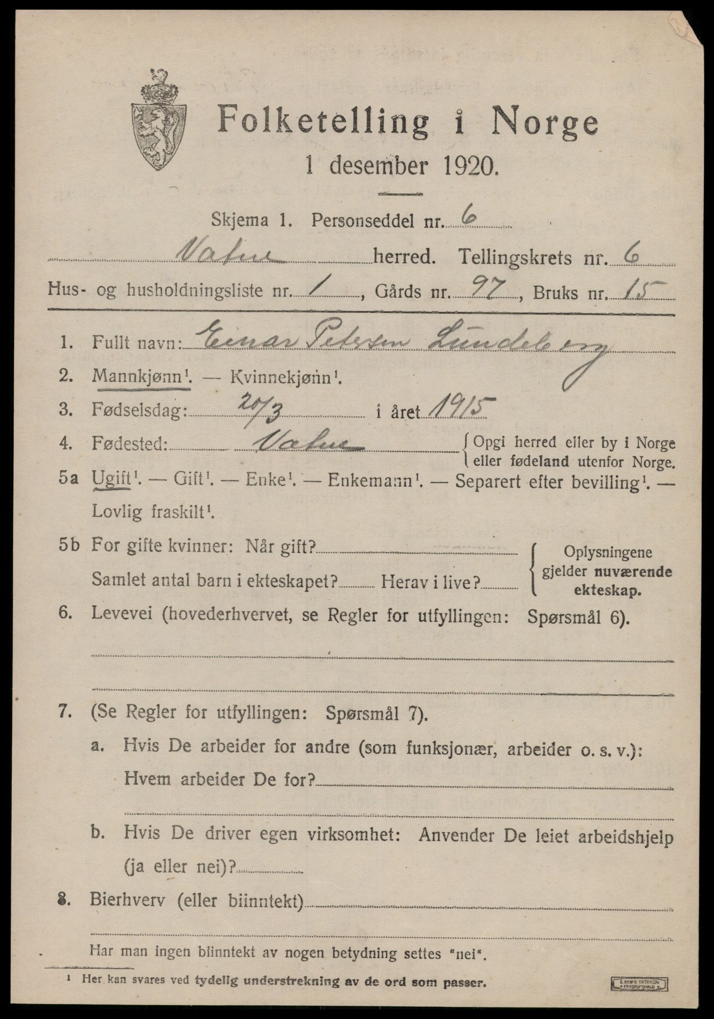 SAT, 1920 census for Vatne, 1920, p. 2702