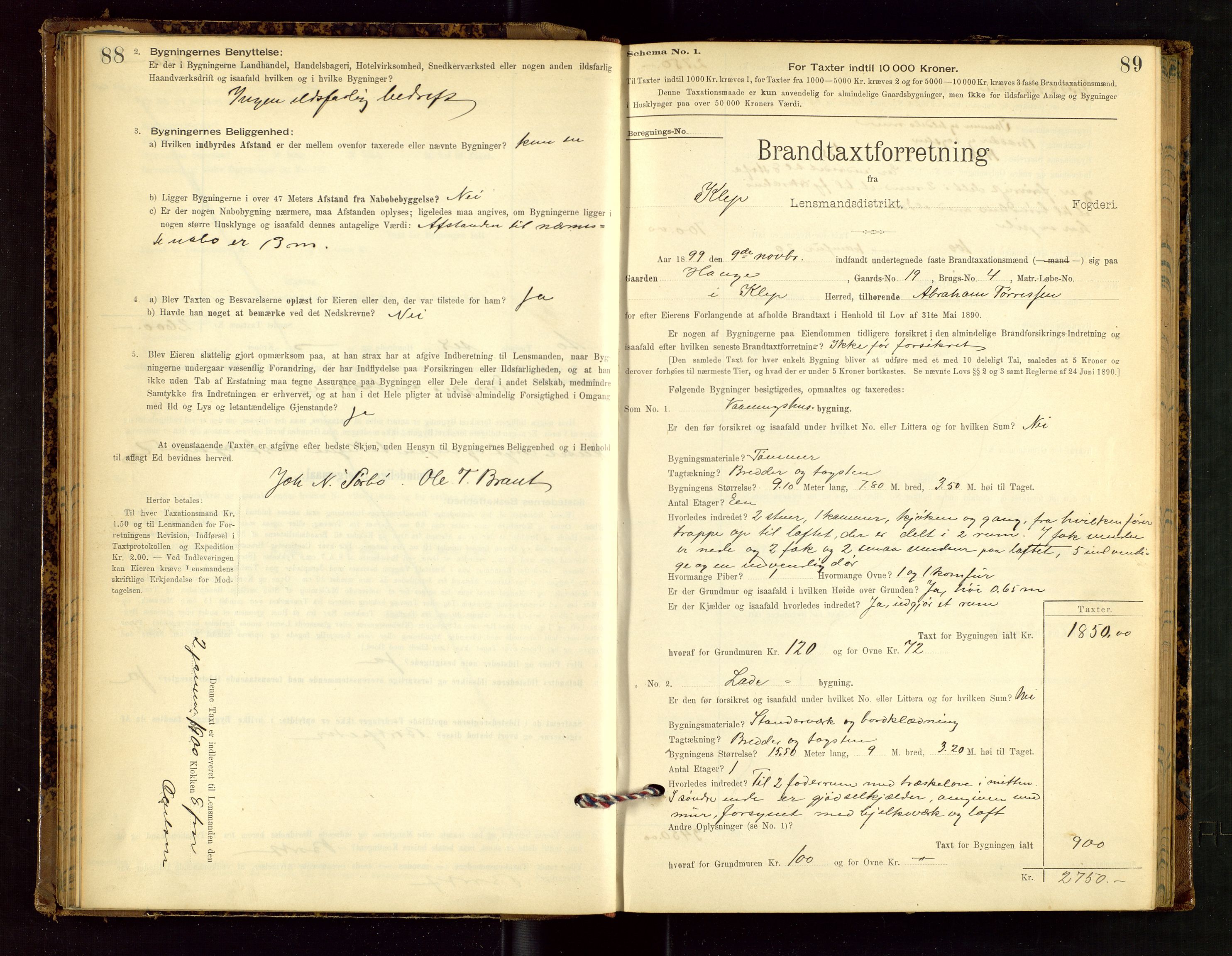 Klepp lensmannskontor, AV/SAST-A-100163/Goc/L0002: "Brandtaxationsprotokol" m/register, 1898-1902, p. 88-89