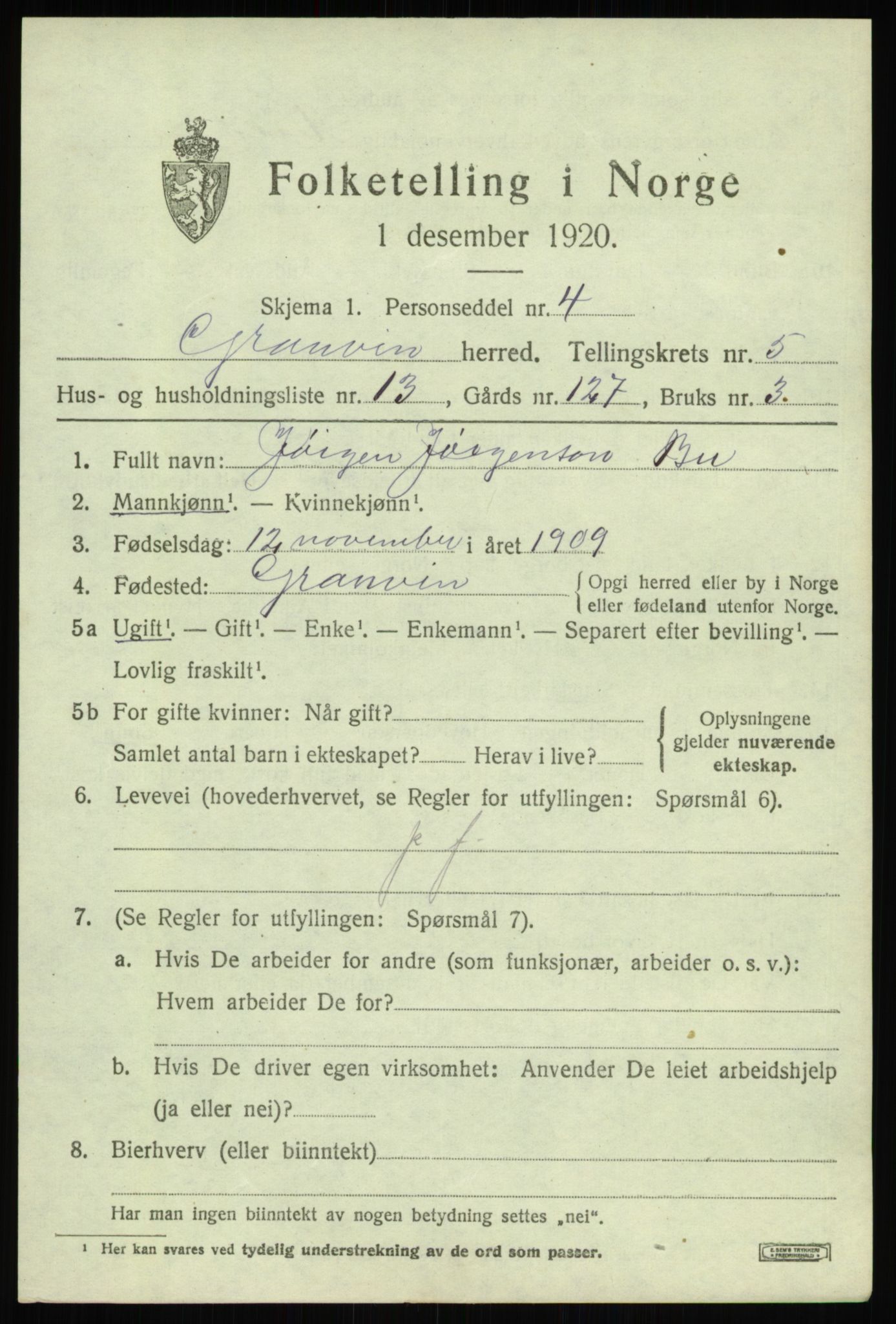 SAB, 1920 census for Granvin, 1920, p. 2508